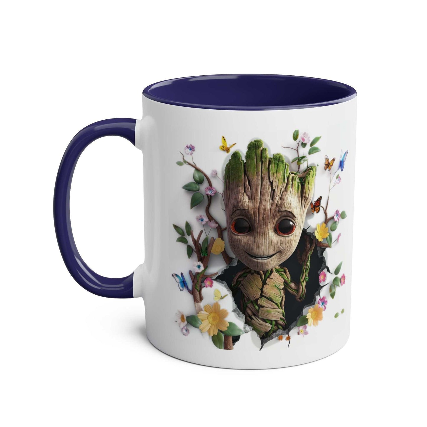 Baby Groot themed mug with a cute design, available in 7 colors, 11oz ceramic, microwave and dishwasher safe.