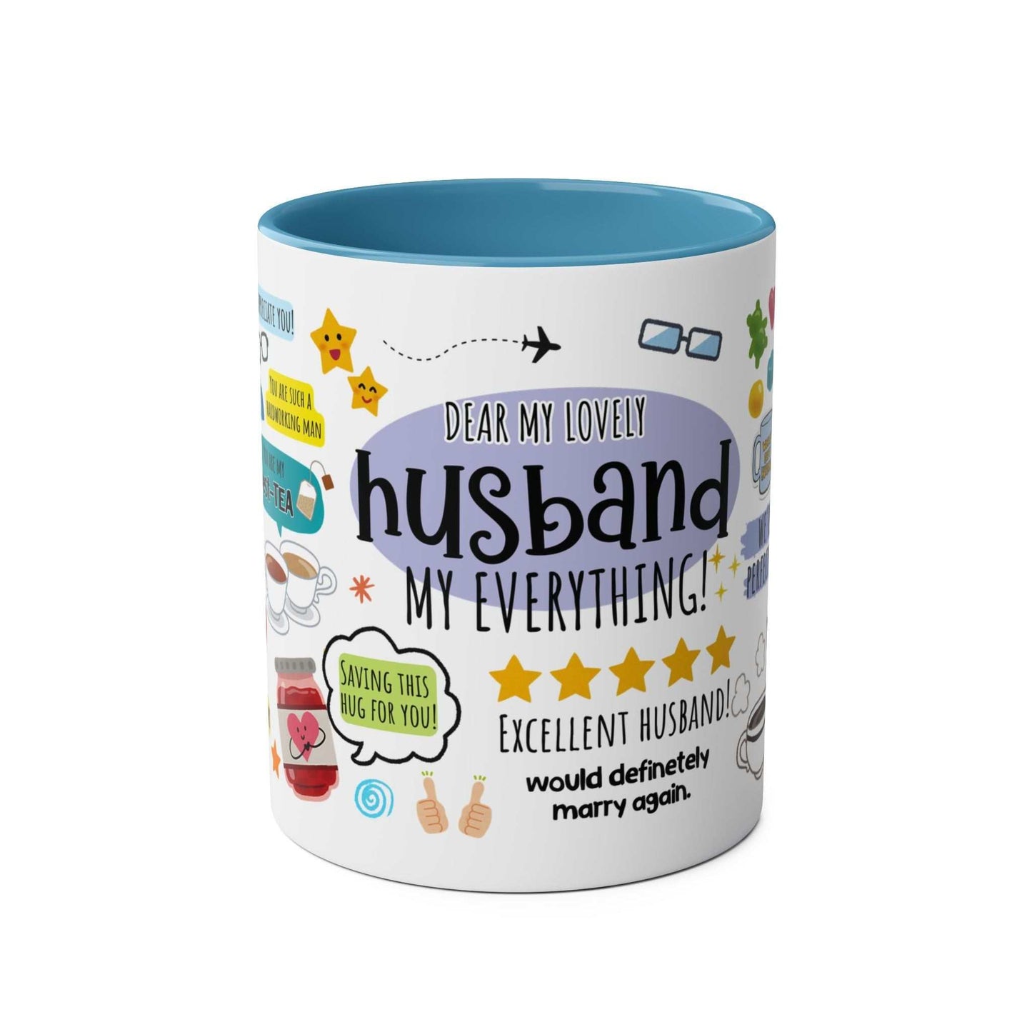 Husband Father's Day gift mug with fun design and text, available in multiple colors, glossy finish, ceramic, microwave and dishwasher safe.