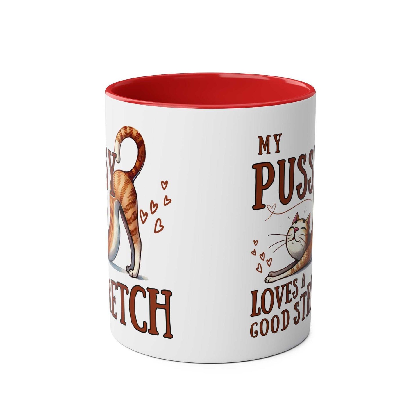 Playful Cheeky Fun Coffee Mug with humorous cat design, 11oz ceramic, red interior.