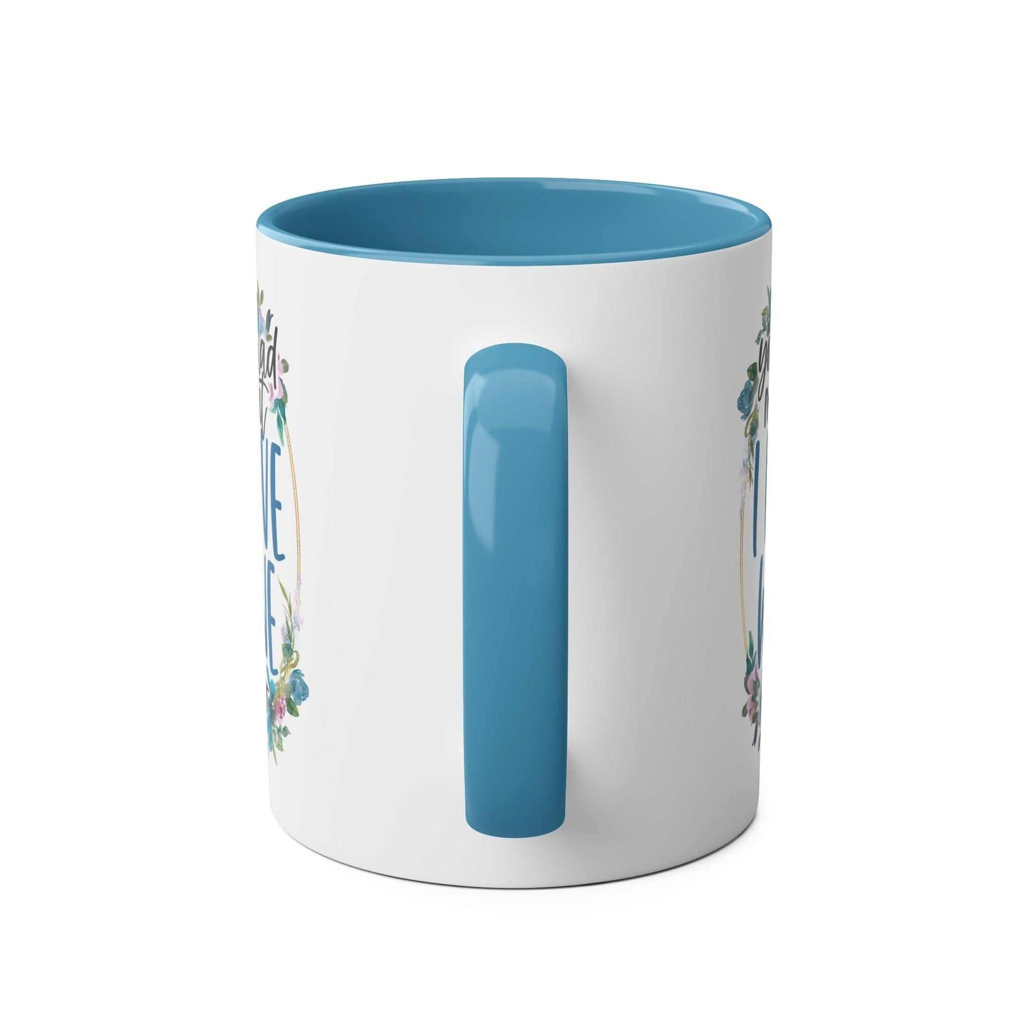 Love Wine Coffee Mug with blue handle and interior, floral design, 11oz ceramic, glossy finish.