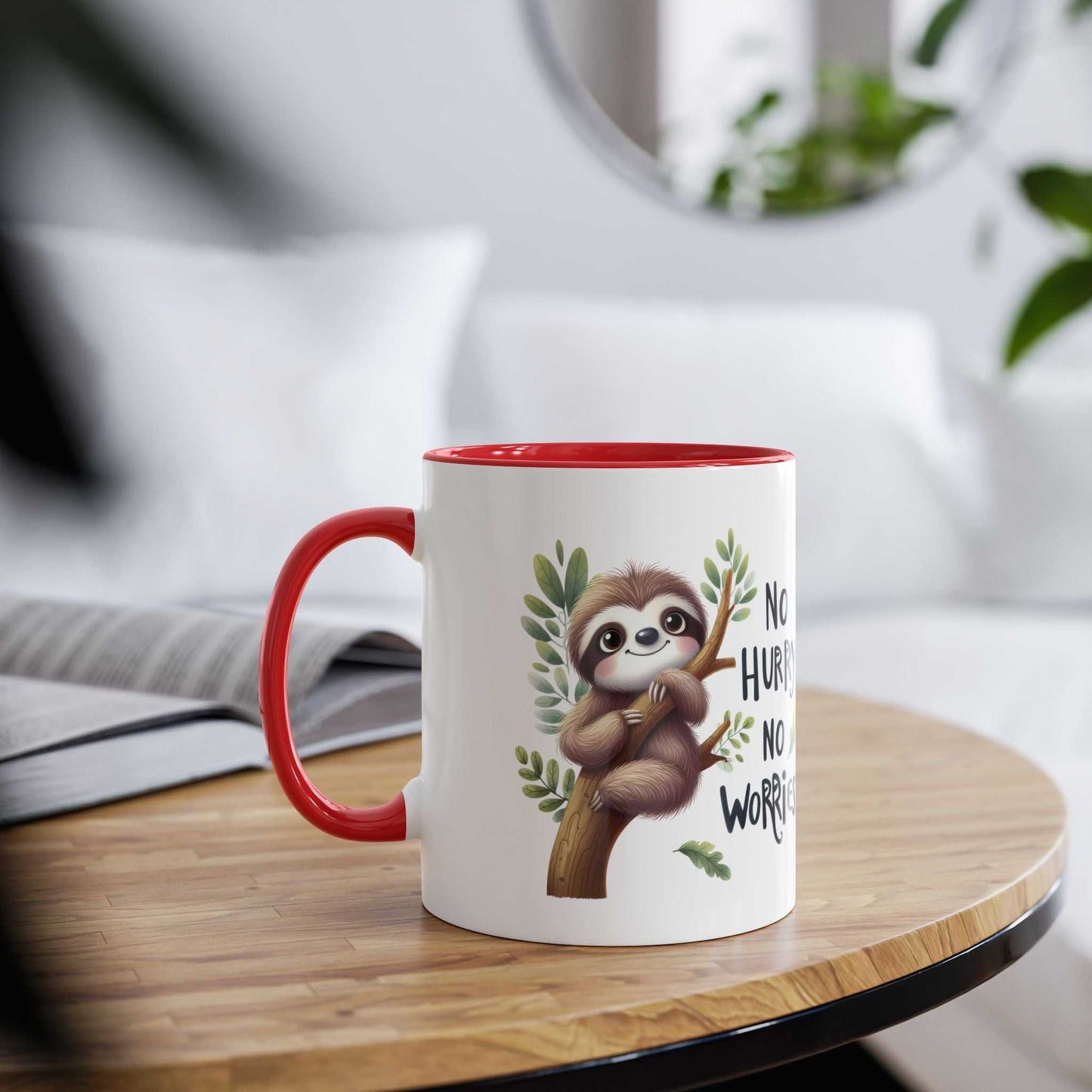Cute sloth coffee mug with colorful handle sitting on a table, perfect for animal lovers and gifting.