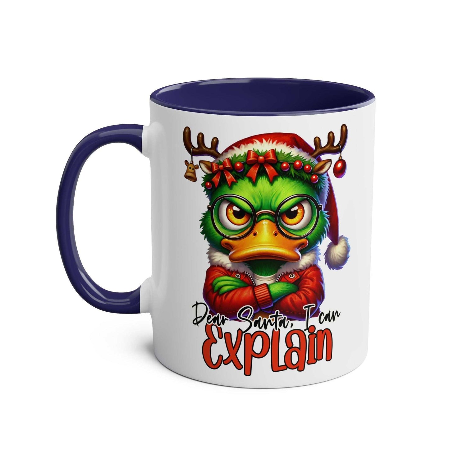 Sarky Christmas Mug with a sassy duck design, available in 7 colors, 11oz ceramic, microwave and dishwasher safe.