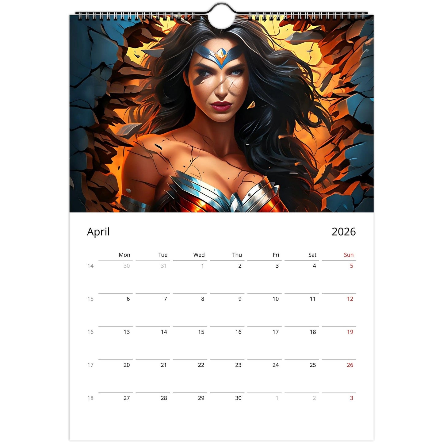 Superhero Calendar 2026 featuring vibrant comic-style artwork and monthly date squares for notes and reminders.