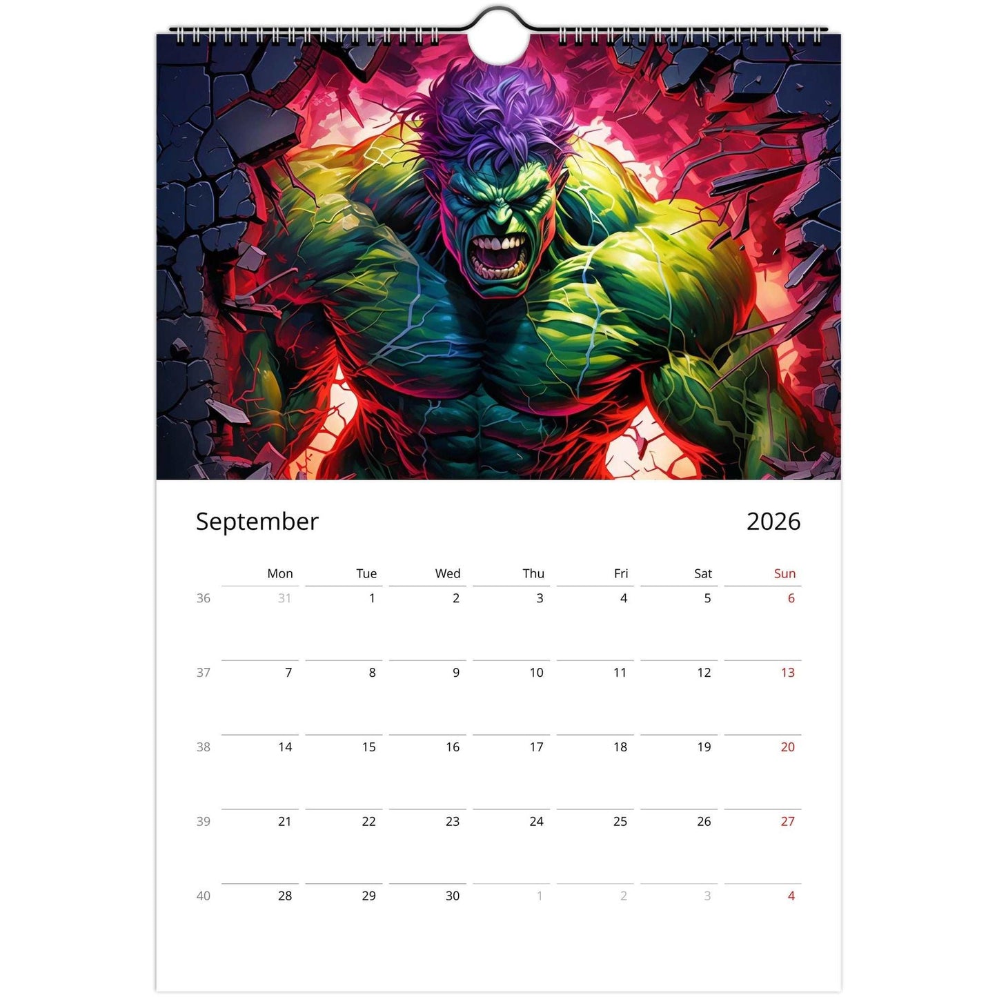 Superhero Calendar 2026 featuring vibrant comic-style Hulk illustration for September with spiral binding and date squares for notes.