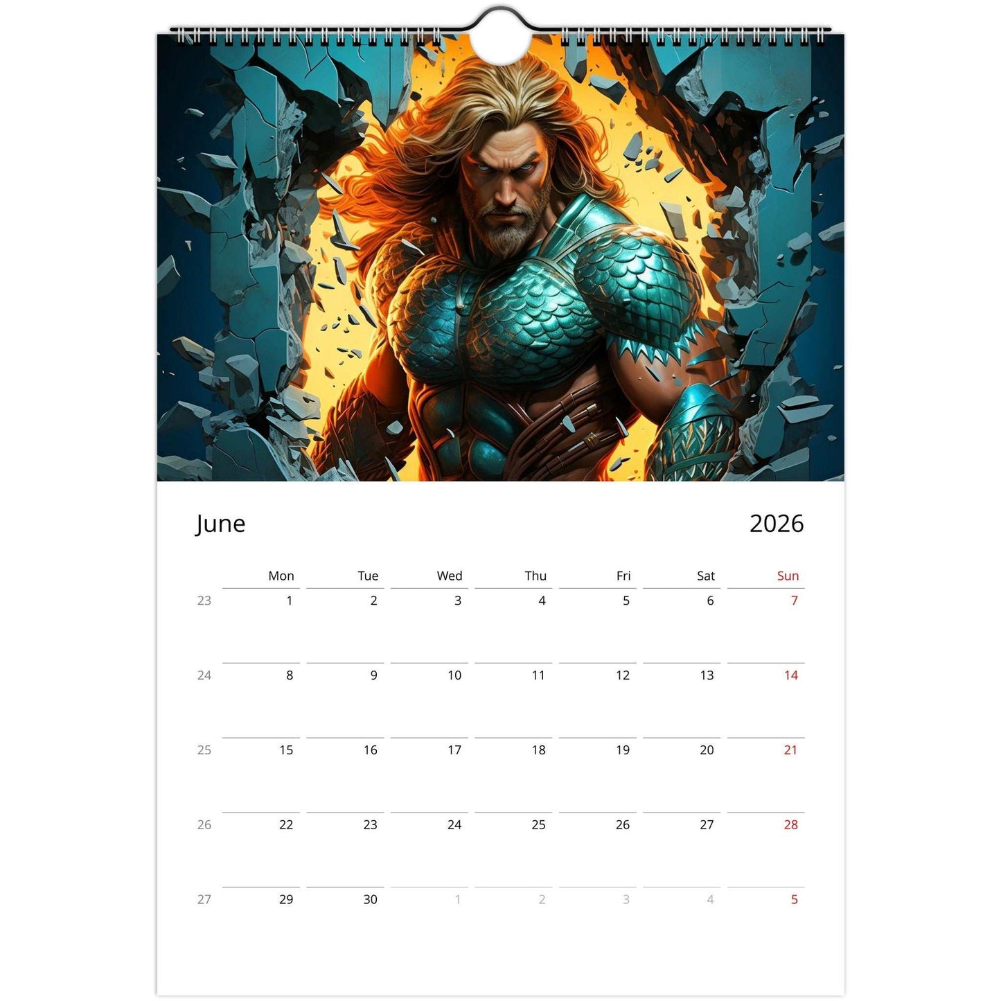 Superhero Calendar 2026 featuring vibrant comic-style artwork and a monthly date grid with spiral binding for easy wall hanging
