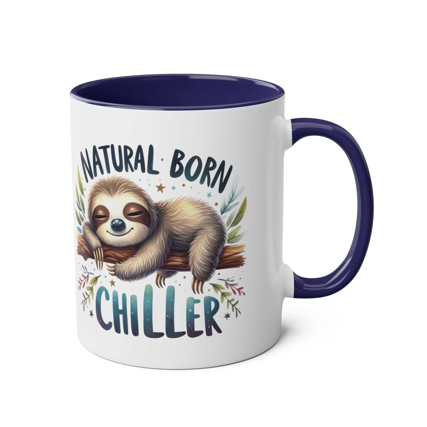 Cute sloth coffee mug with "Natural Born Chiller" design, ceramic, glossy finish, available in seven colors.