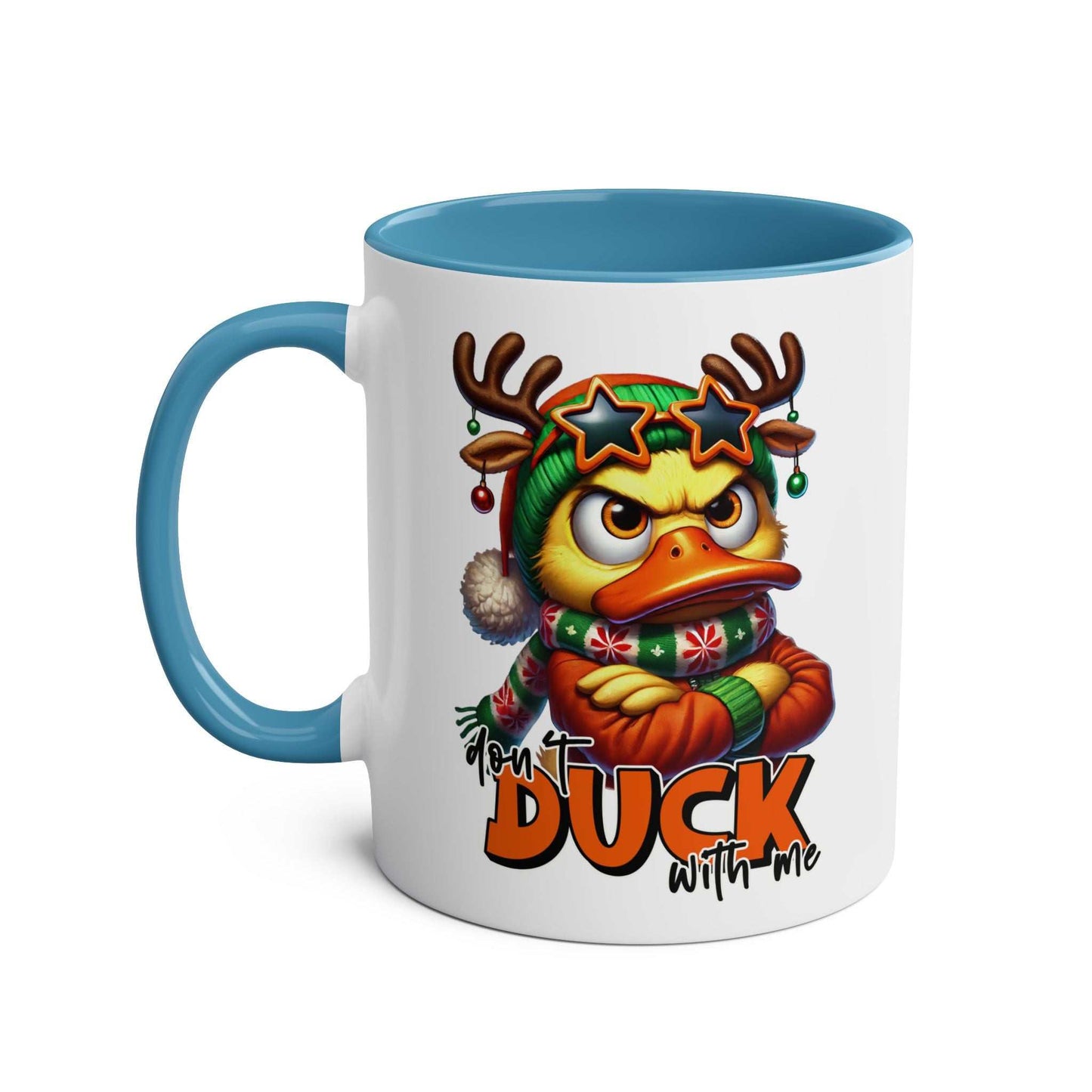 Sarky Christmas Mug with sassy duck design, available in 7 colors, 11oz ceramic.