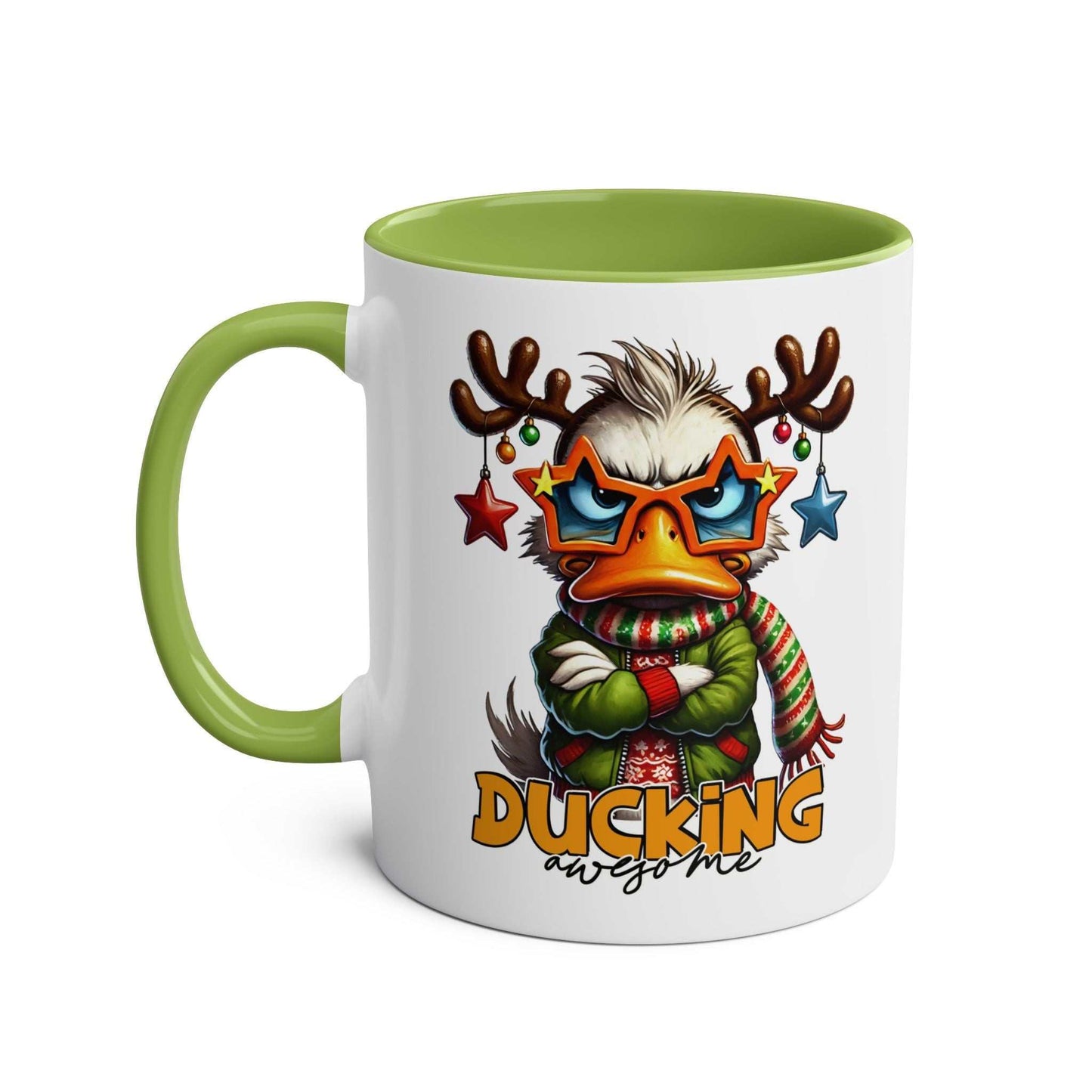 Sarky Christmas Mug with sassy duck design, 11oz glossy ceramic, microwave and dishwasher safe.