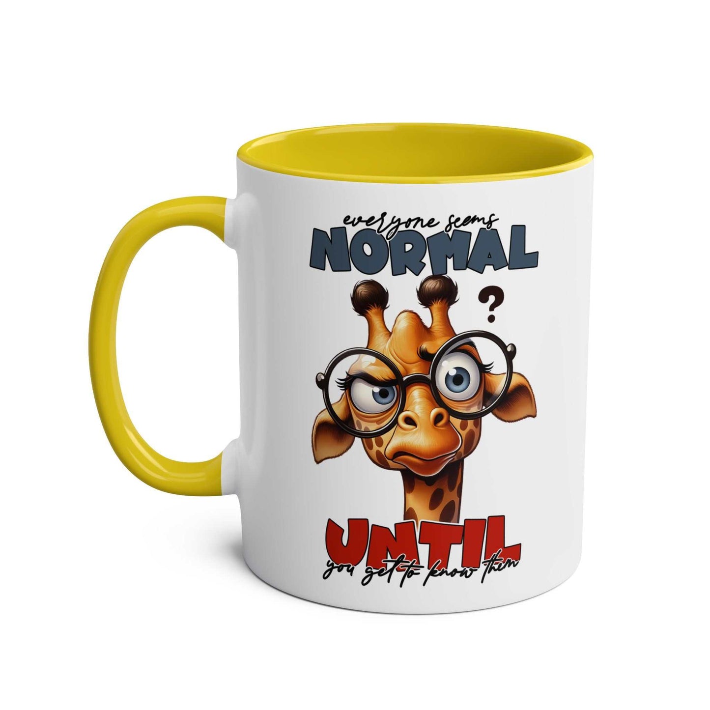 Playful giraffe design on Everyones Normal Coffee Mug with yellow interior.