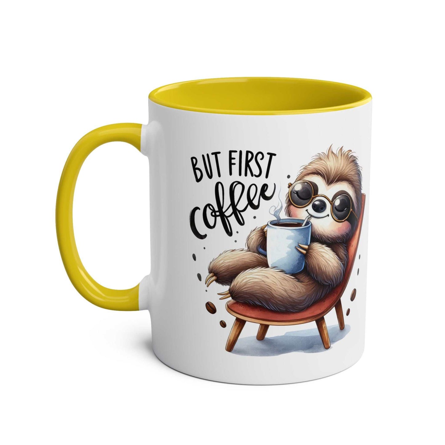 Cute sloth coffee mug with vibrant yellow handle and "But First Coffee" design, 11oz ceramic, glossy finish.