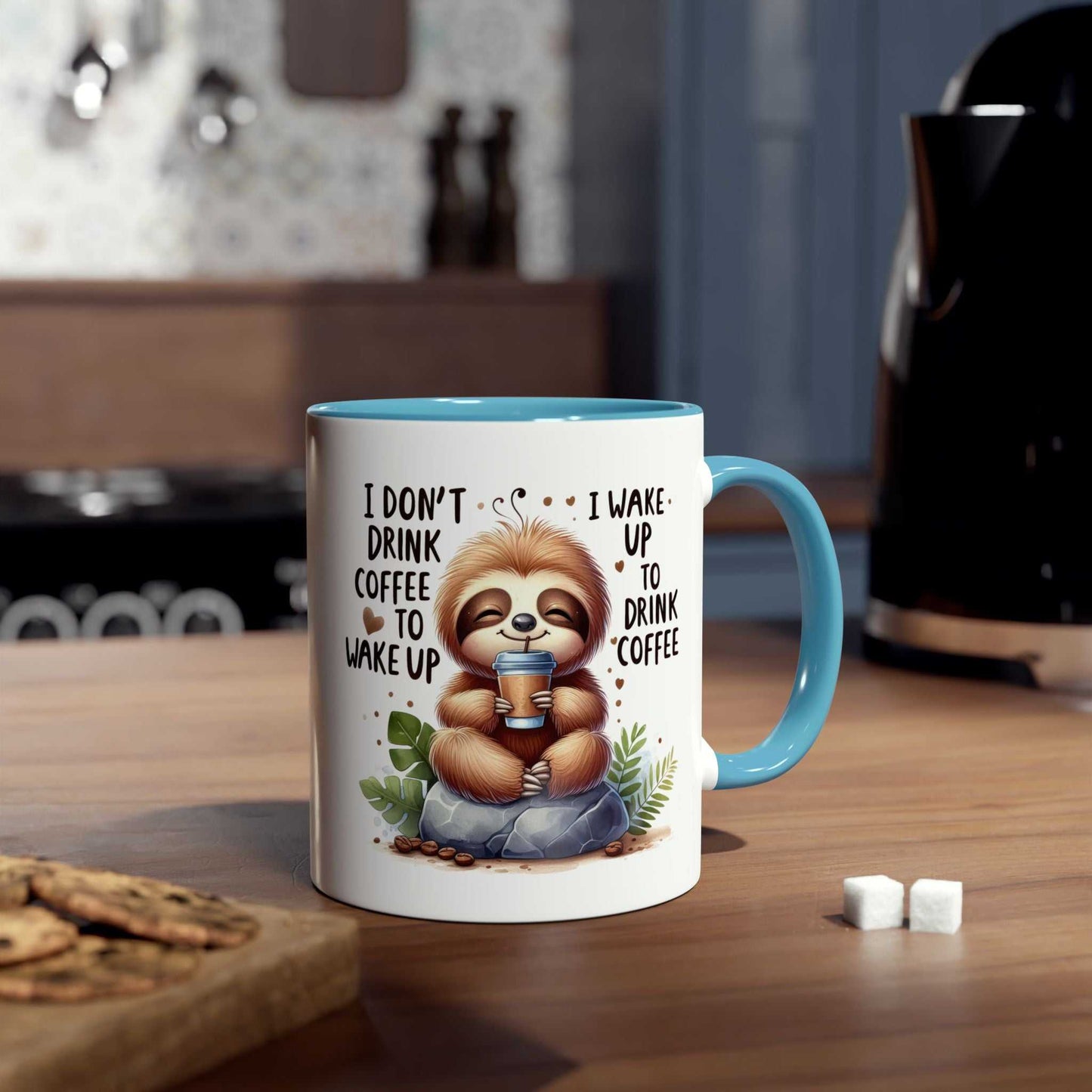 Cute sloth coffee mug with whimsical design, perfect for animal lovers; available in 7 colors, glossy finish, 11oz ceramic, microwave and dishwasher safe.