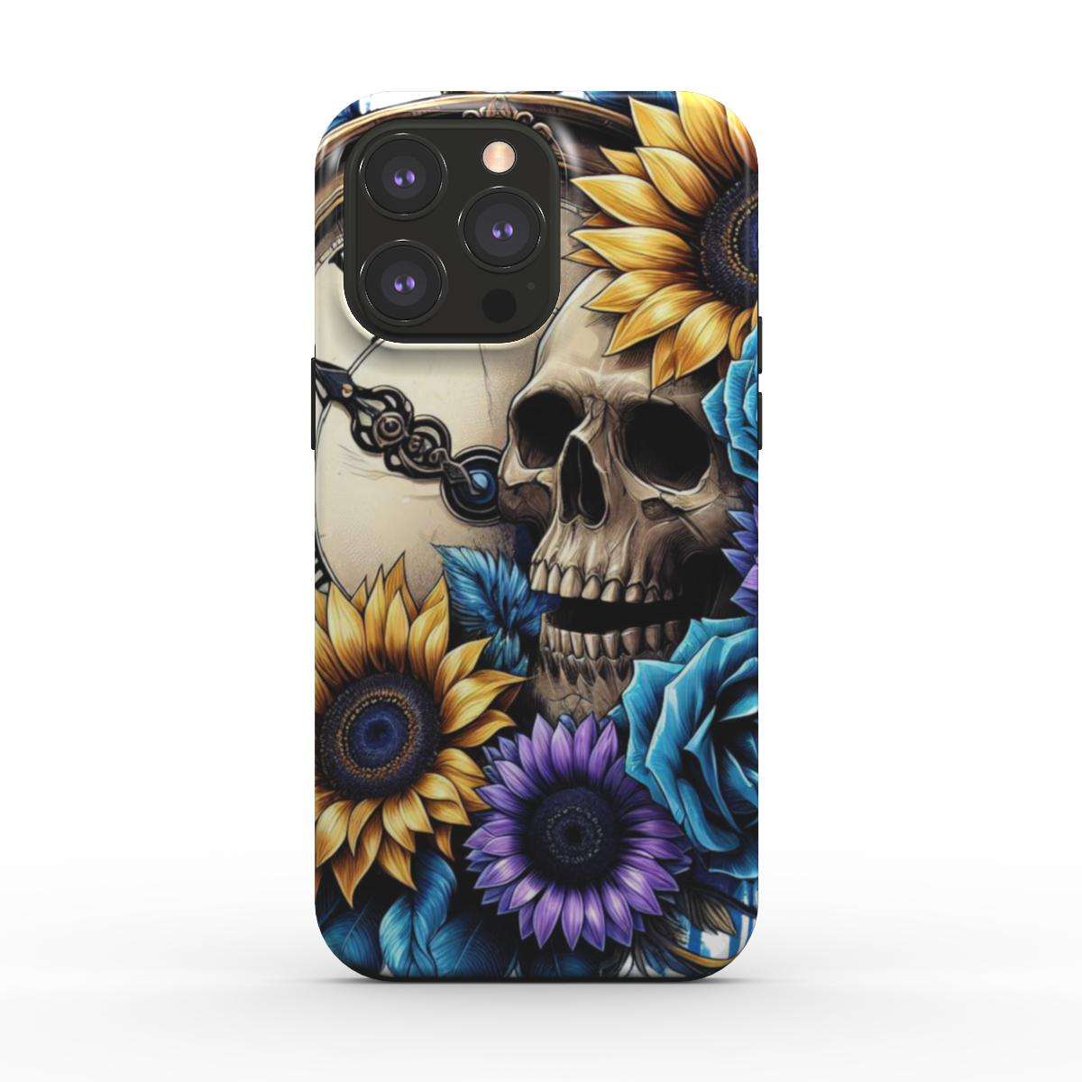 MagSafe Tough iPhone Case with floral skull design, dual-layer protection, supports wireless charging.