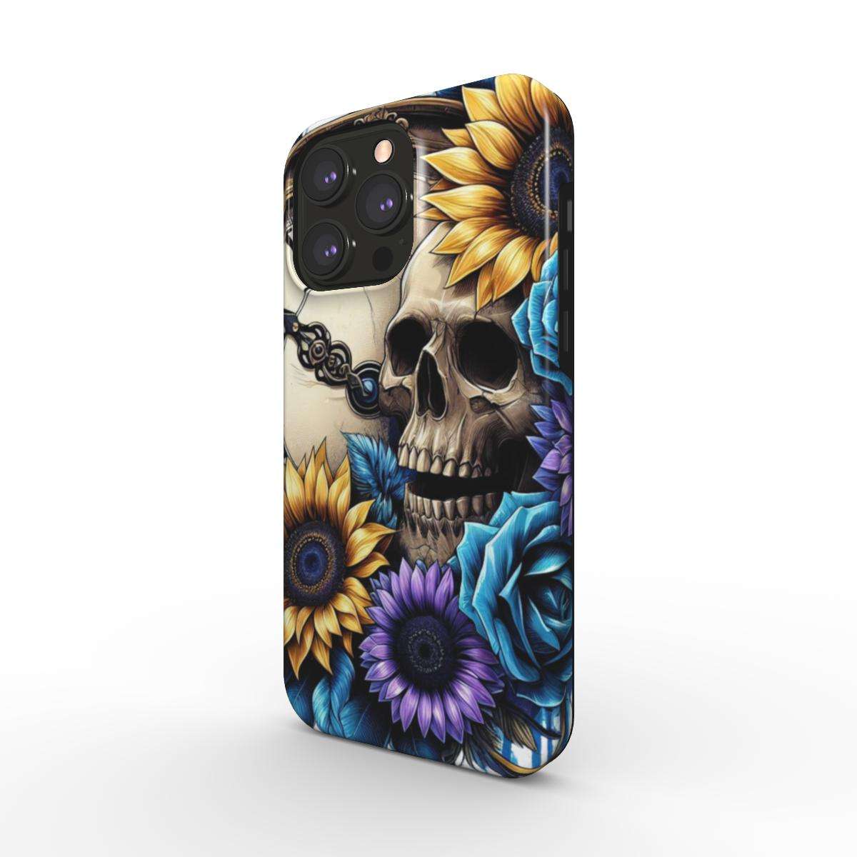 MagSafe Tough iPhone Case with skull and floral design, glossy finish, dual-layer protection.