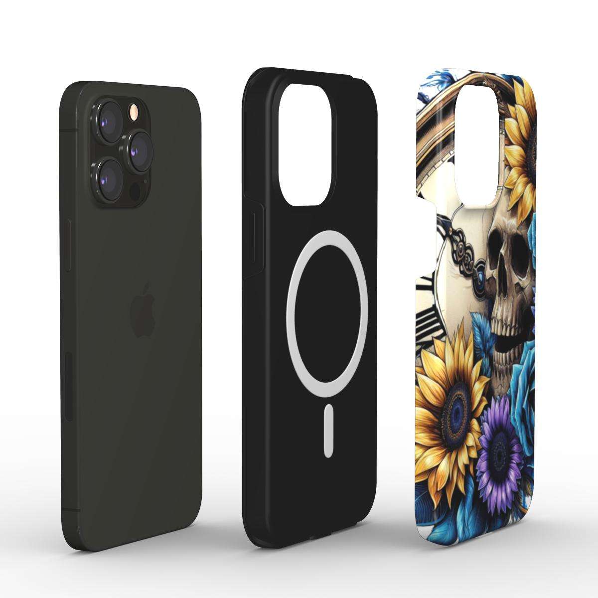 MagSafe Tough iPhone Case with glossy finish and dual layers for durability, featuring unique floral and skull design.