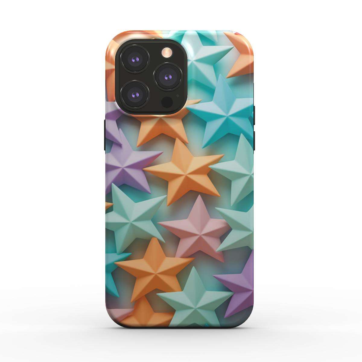 MagSafe Tough iPhone Case with colorful star design, dual-layer protection, and wireless charging support.