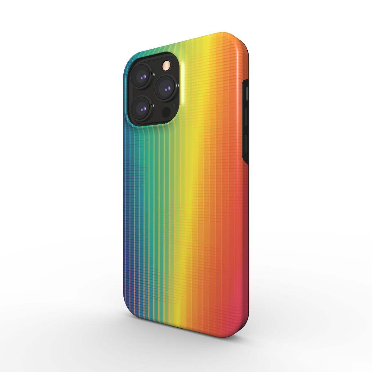 MagSafe Tough iPhone Case with rainbow design, dual-layer protection, supports wireless charging.