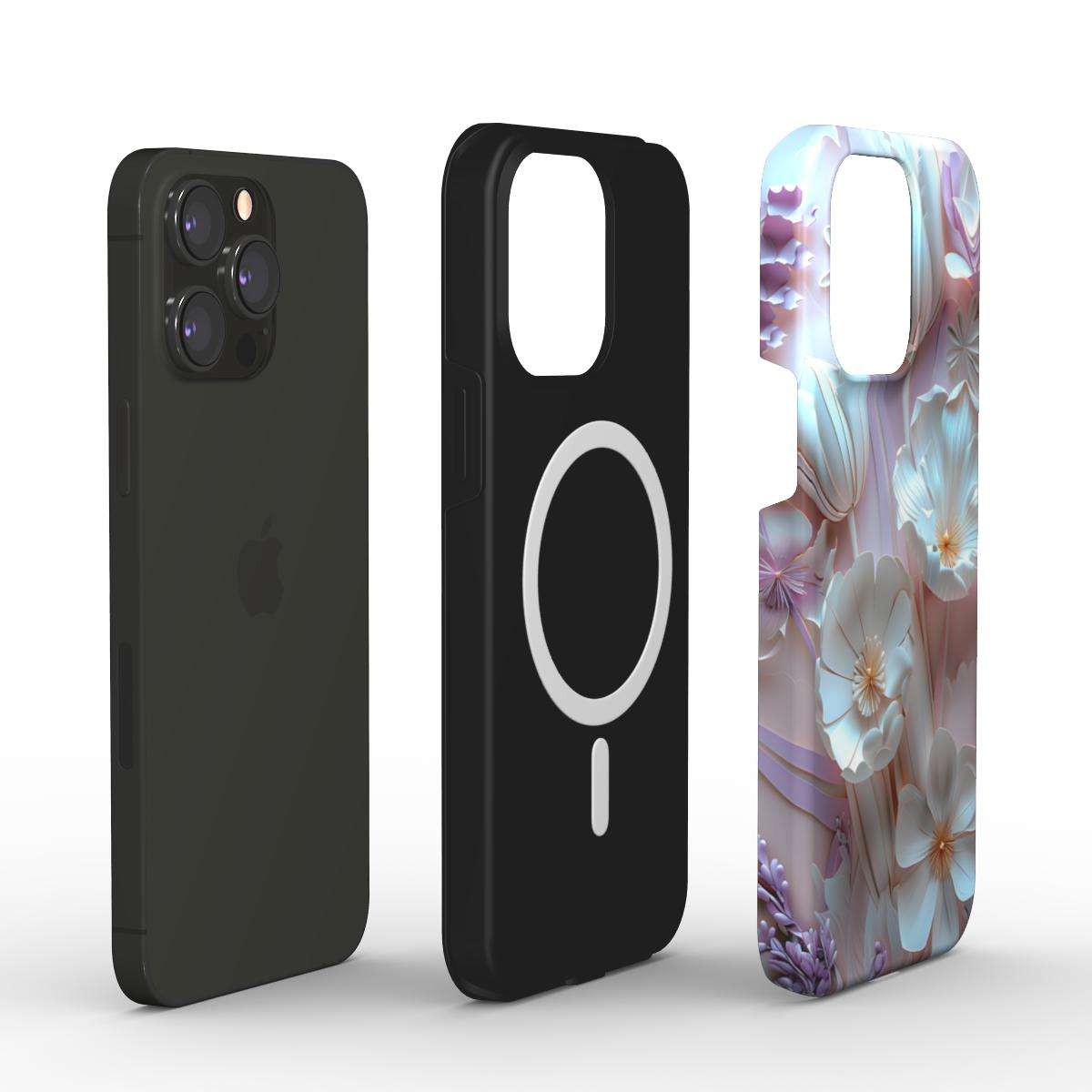 MagSafe Tough iPhone Case with dual-layer protection and floral design, supports wireless charging.