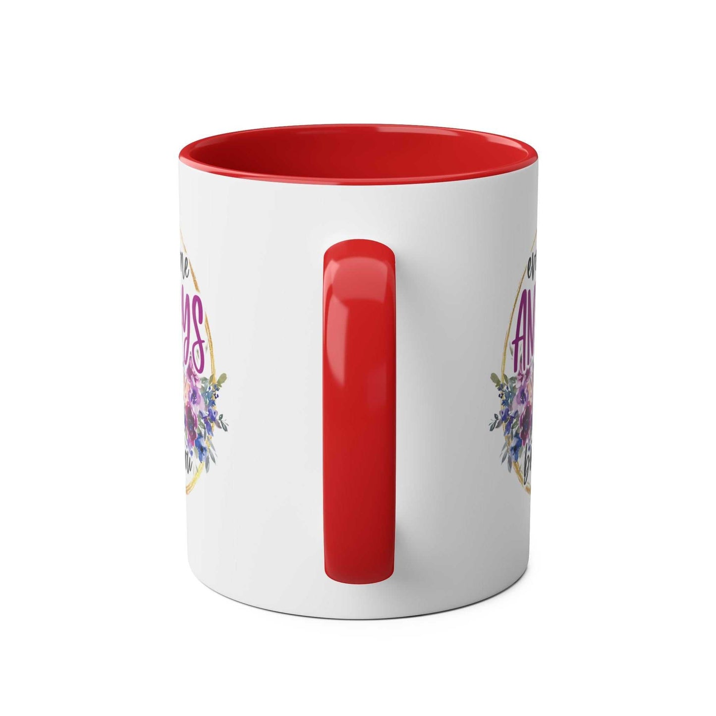 Everyone Annoys Me But You coffee mug with red handle and interior, floral design.