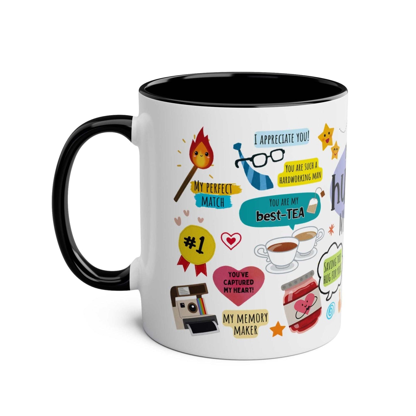 Husband Father's Day gift mug with colorful graphics and appreciation messages, ceramic, glossy finish, available in six colors.
