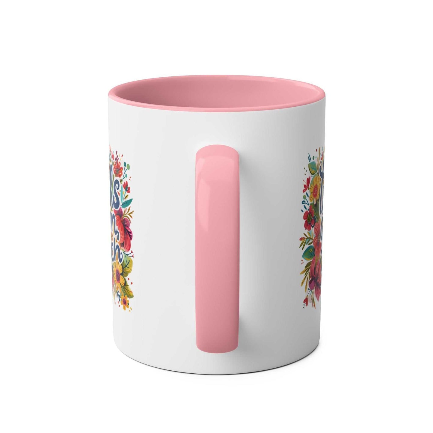 Pink and white Zilch Coffee Mug with floral design.