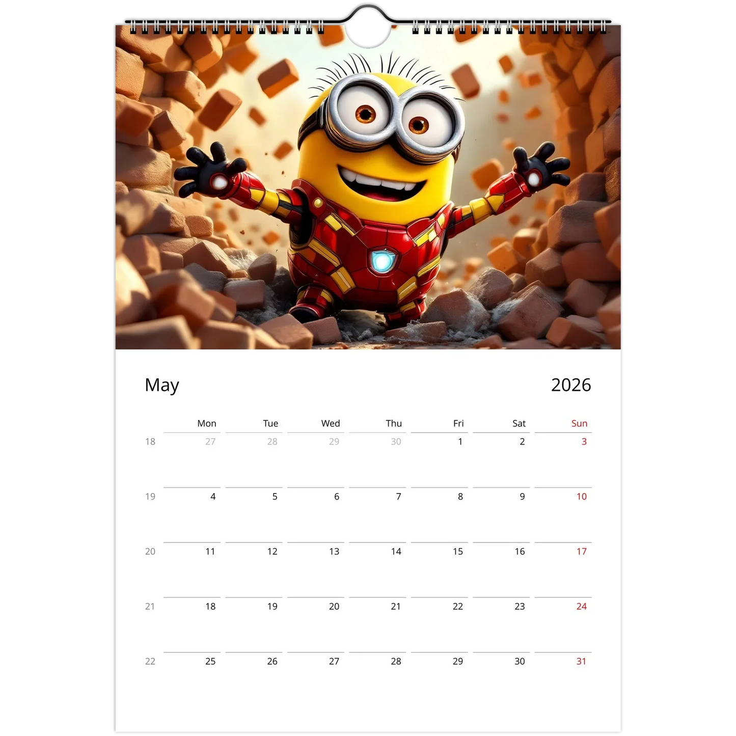 2026 Minions Superhero Wall Calendar with vibrant Minion in Iron Man costume and large date squares for notes