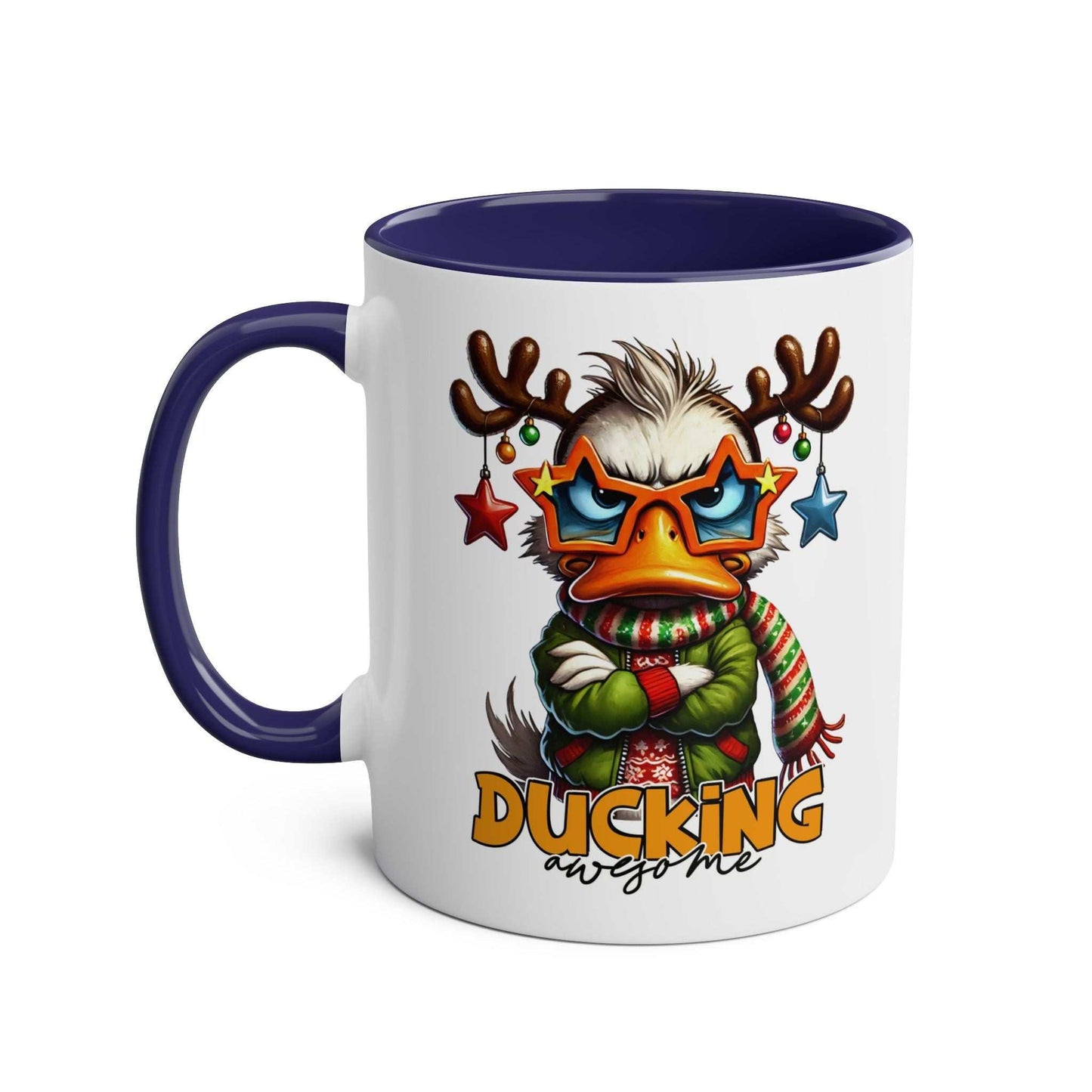 Sarky Christmas Mug with duck design, colorful print, 11oz ceramic, microwave and dishwasher safe.