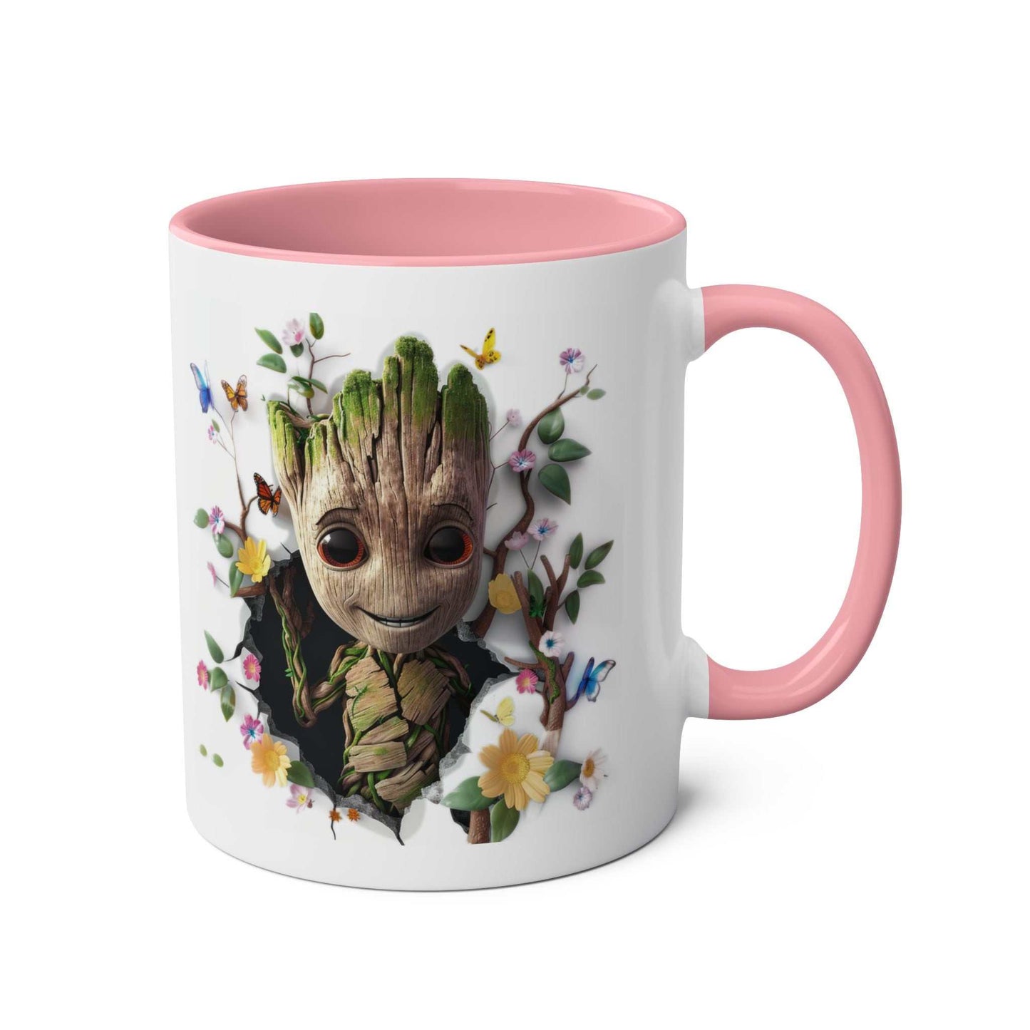 Baby Groot themed mug with colorful design, available in 7 colors, 11oz ceramic, microwave and dishwasher safe.