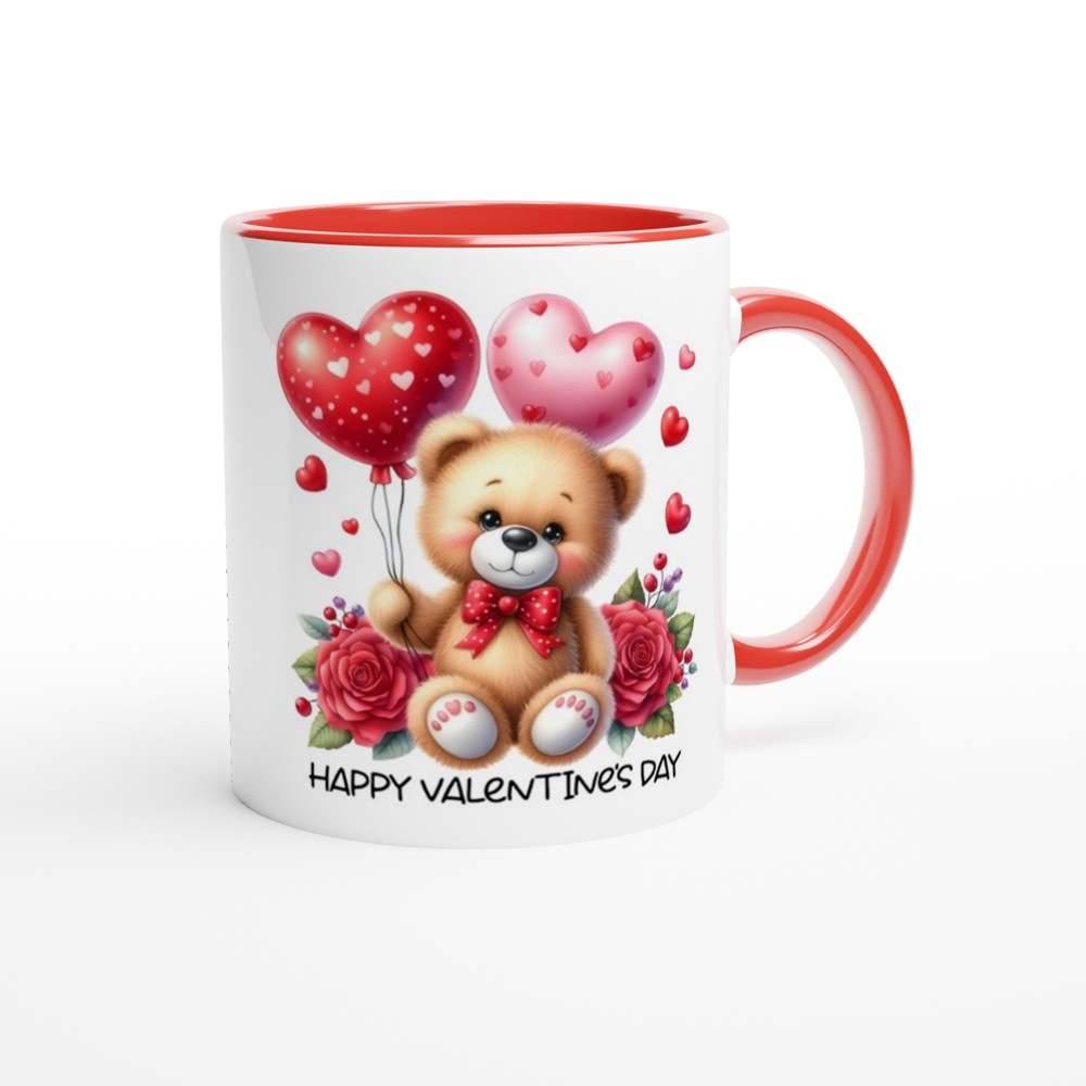 Valentine's Day ceramic mug with teddy bear and heart design, perfect gift.