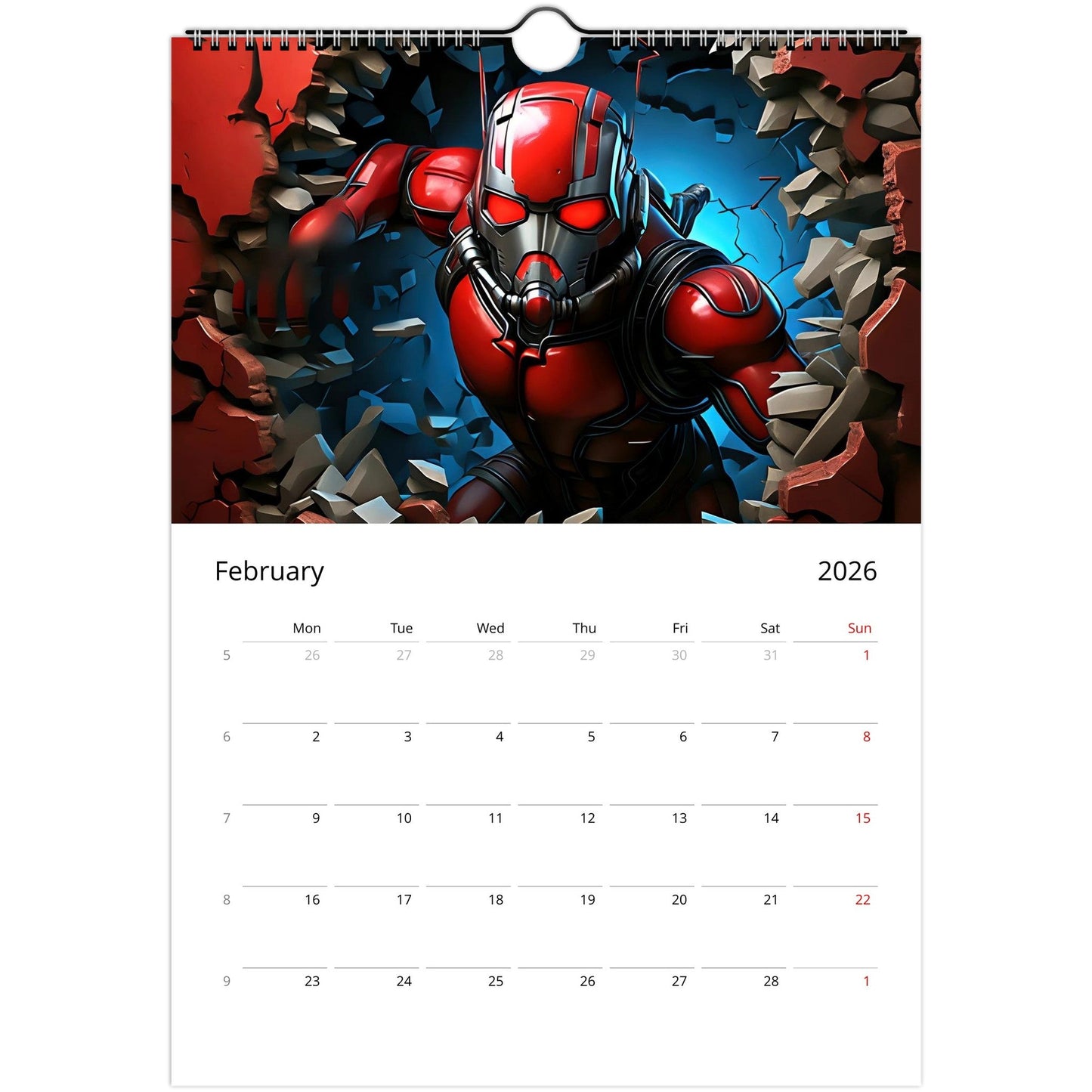 Superhero Calendar 2026 featuring bold comic-style February month with vibrant red and blue superhero illustration and spiral binding