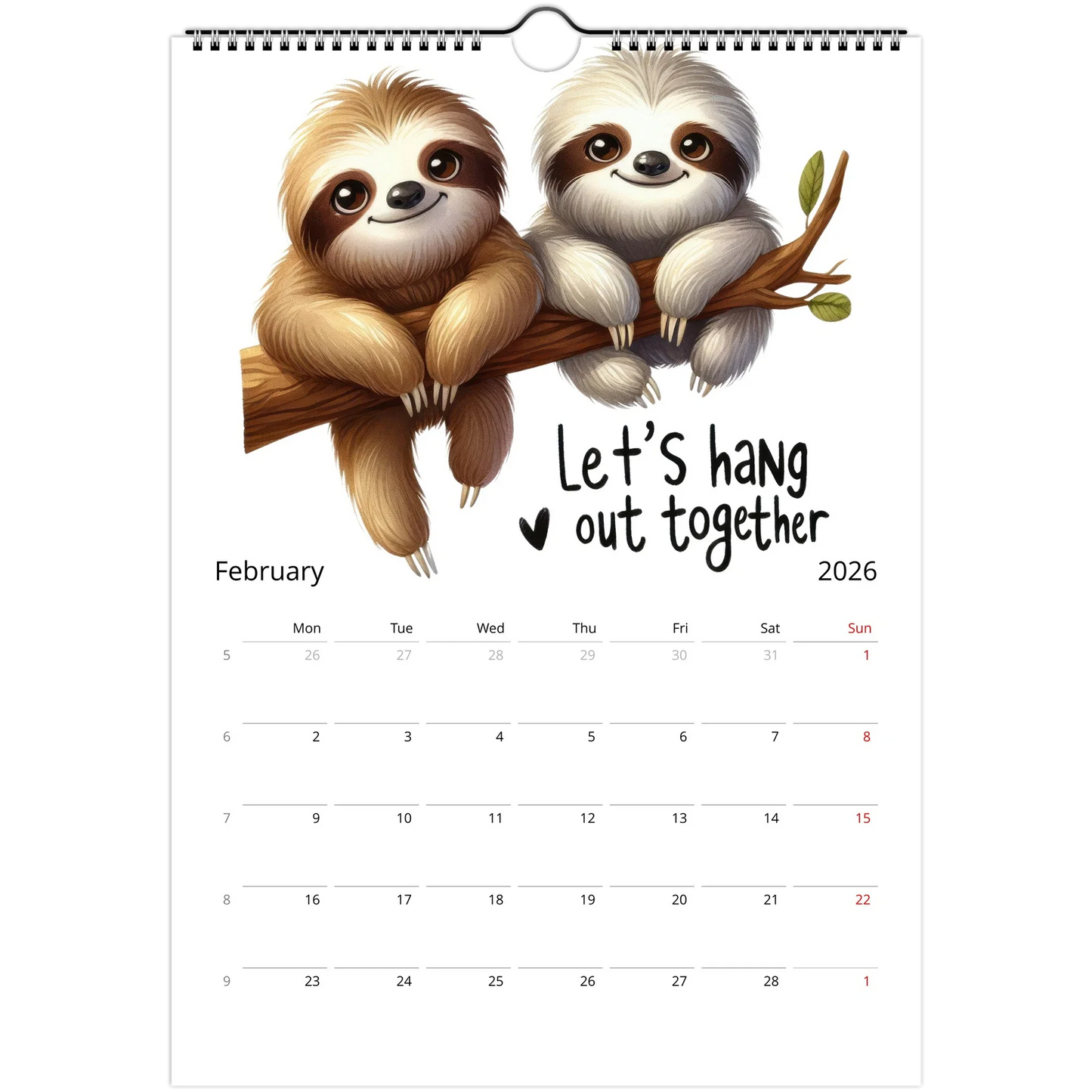 Adorable Sloth Wall Calendar 2026 February page with cute sloth illustration and note spaces