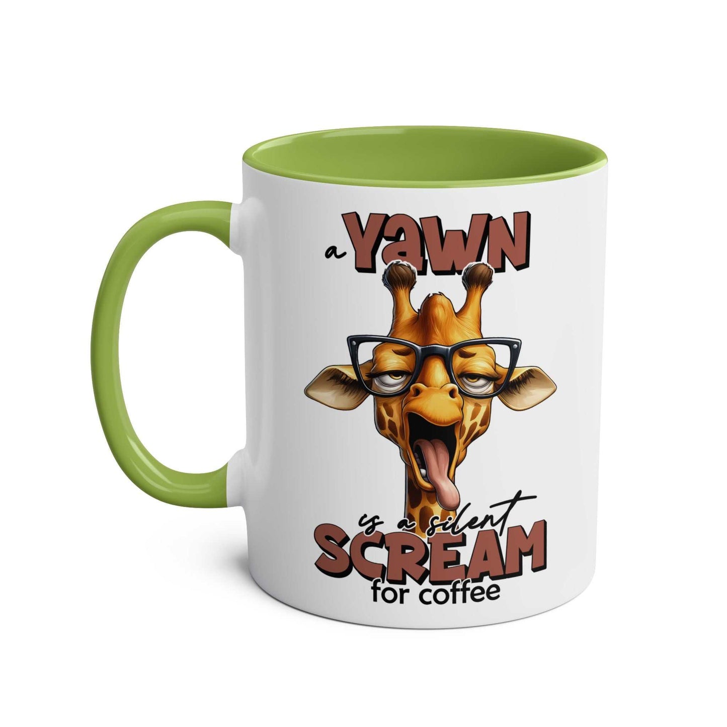 Quirky giraffe design on Yawn Coffee Mug with green handle and interior.