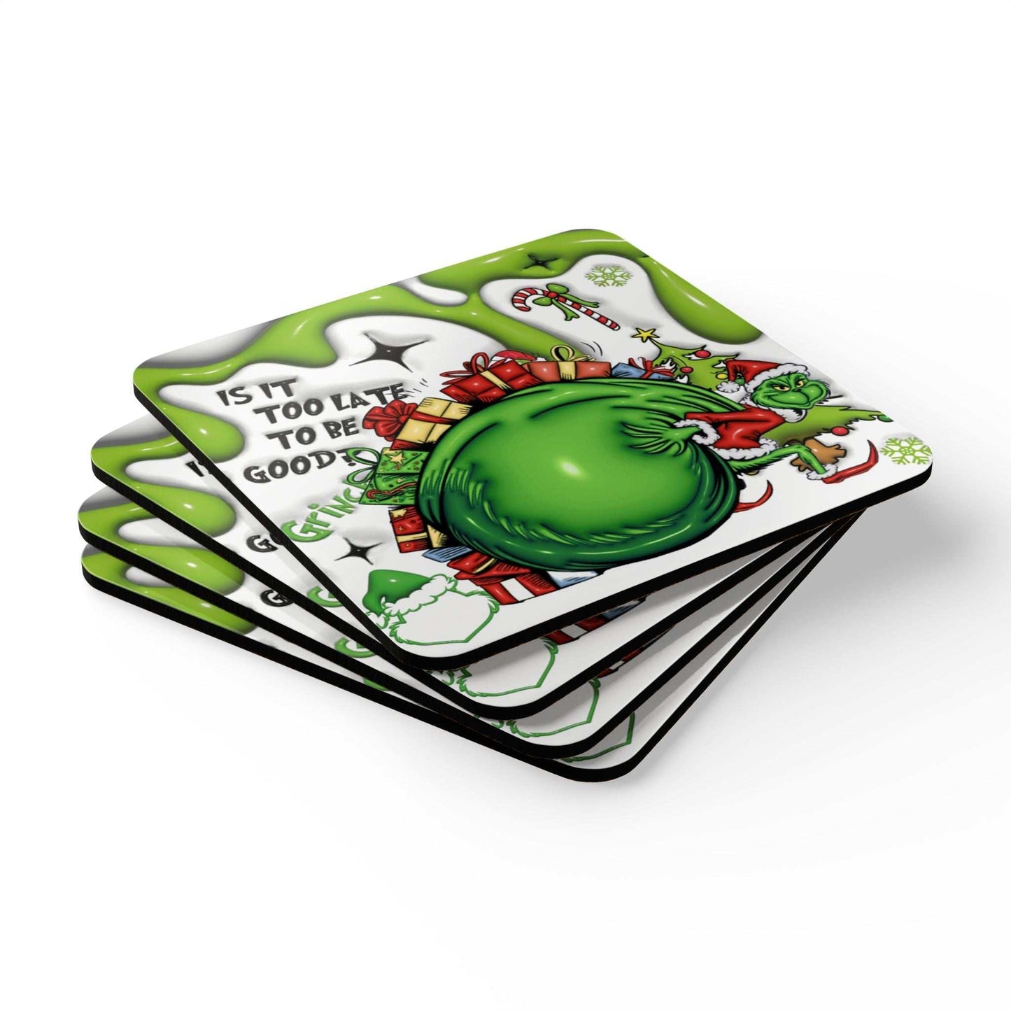 Fun Grinch Christmas Coaster Set with Grumpy Grinch Design, 4-Piece High-Gloss MDF, Cork Back, 3.75"x3.75"