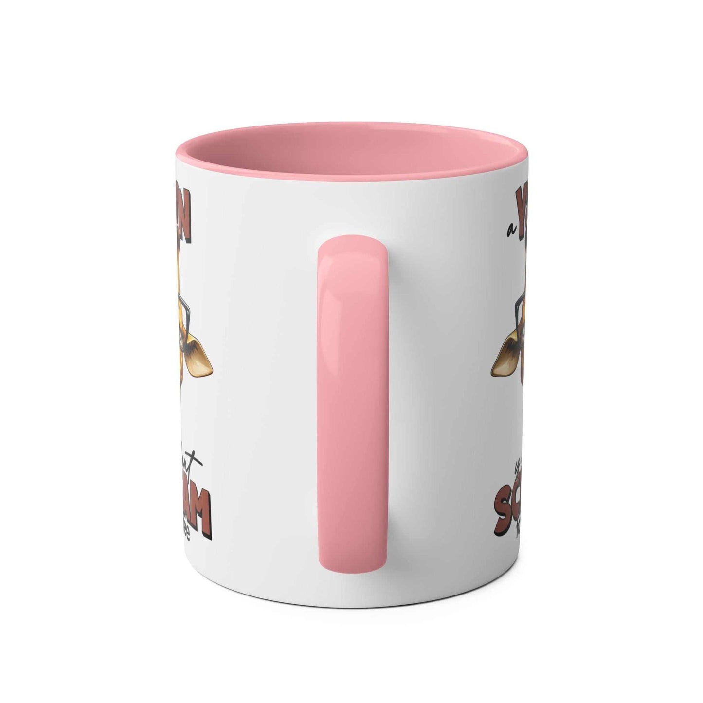Yawn Coffee Mug with quirky giraffe design, pink interior, glossy finish, 11oz ceramic, microwave and dishwasher safe.