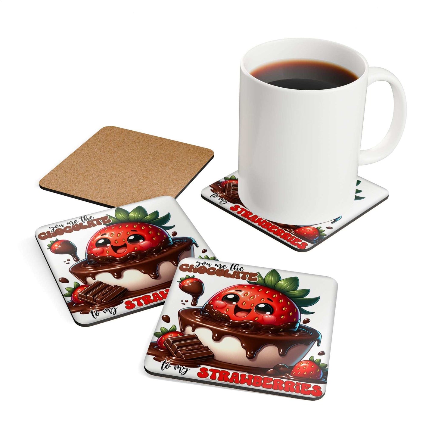 Chocolate & Strawberries Coaster Set with cute design, high-gloss MDF top, cork back, and cup of coffee.