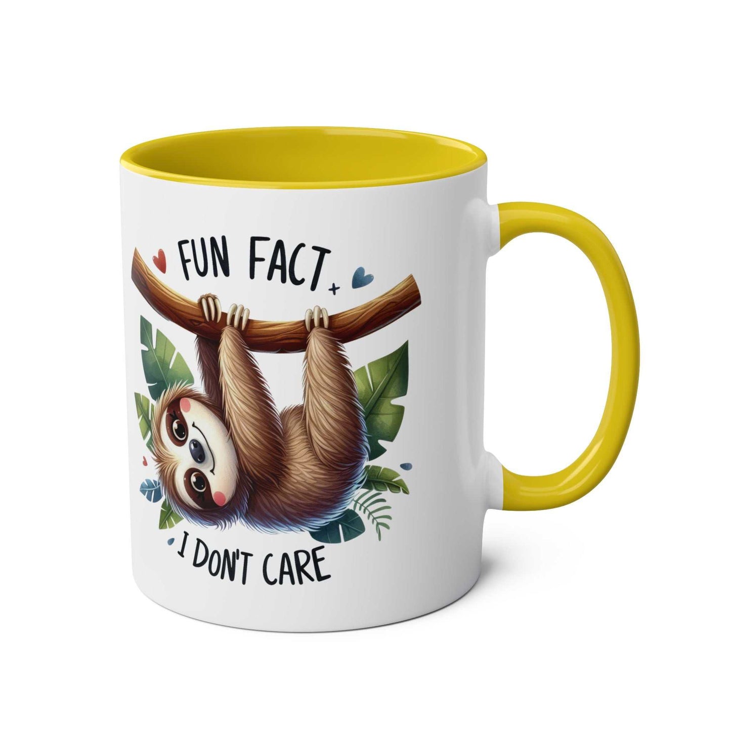 Cute sloth coffee mug with yellow handle and playful sloth design. Ideal for animal lovers.