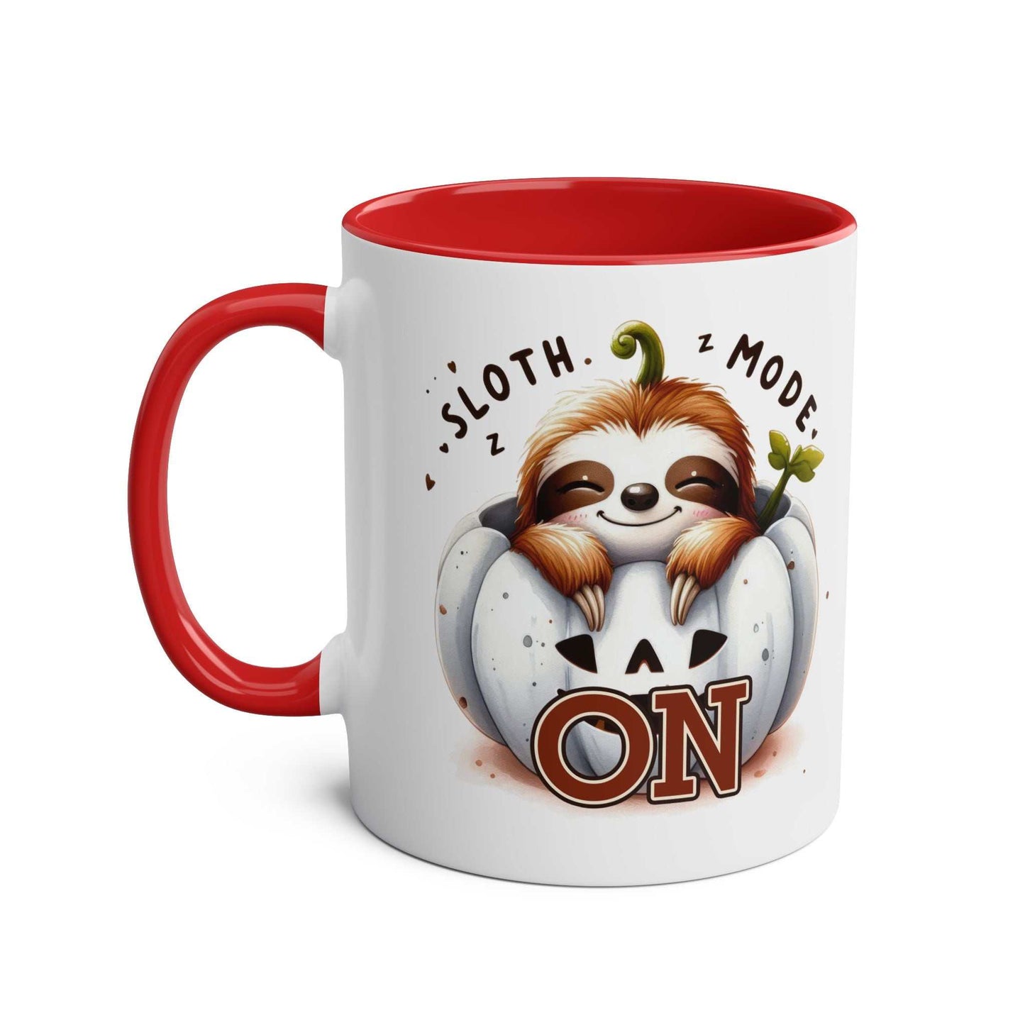 Cute sloth coffee mug with red handle and inside, featuring sloth design.