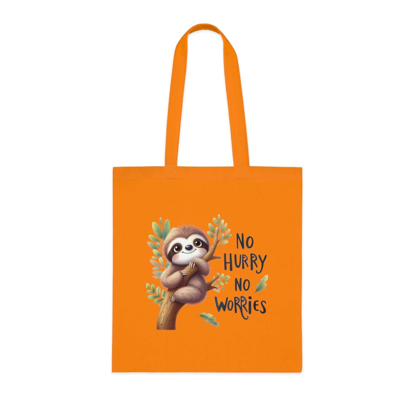 Cotton tote bag featuring a cute sloth design with vibrant colors, ideal for carrying essentials.