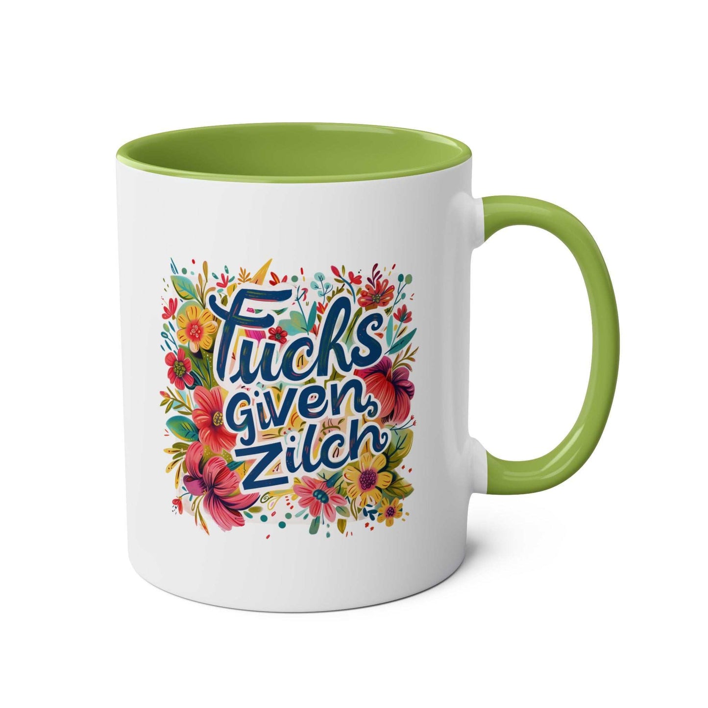 Cheeky "Fucks Given Zilch" coffee mug with colorful floral design, available in 7 colors, 11oz ceramic, microwave and dishwasher safe.