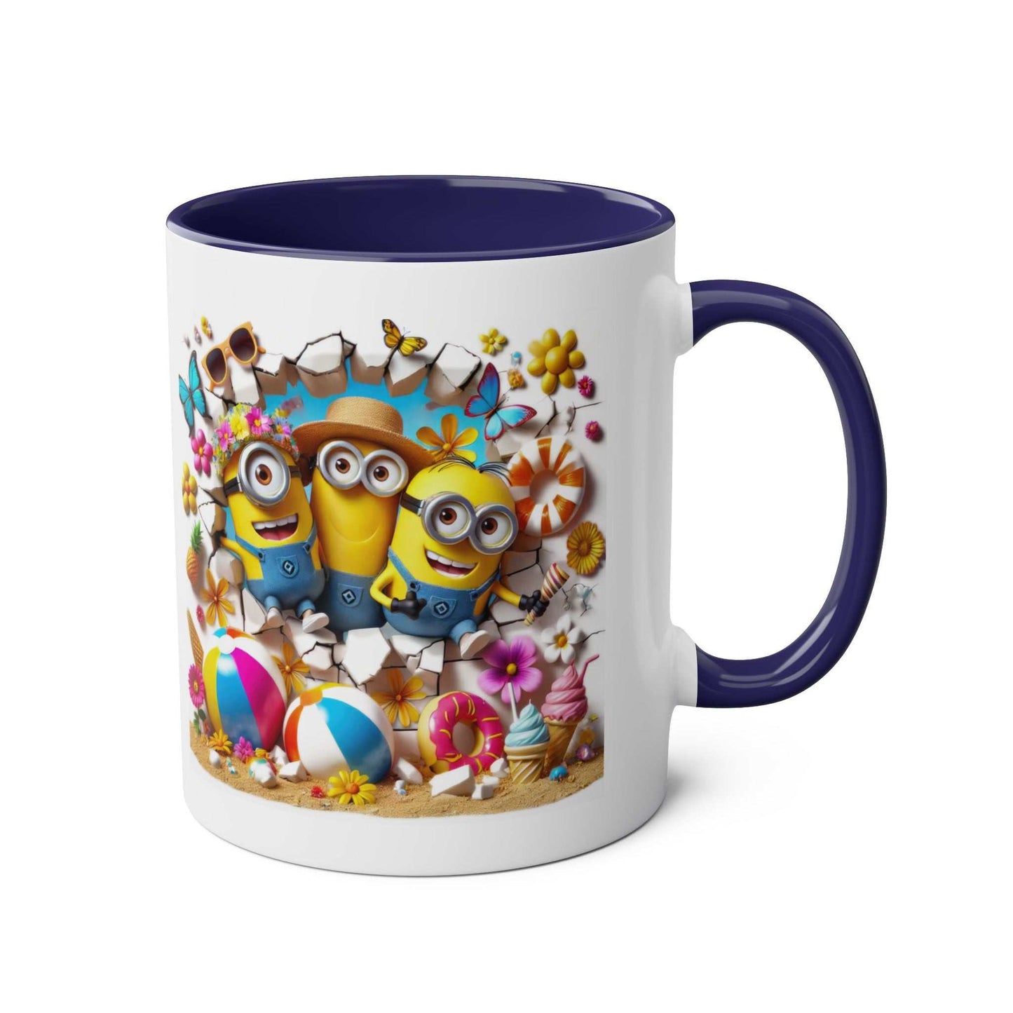 Minion Beach Themed coffee mug with playful Minion characters, ceramic, 11oz, glossy finish.