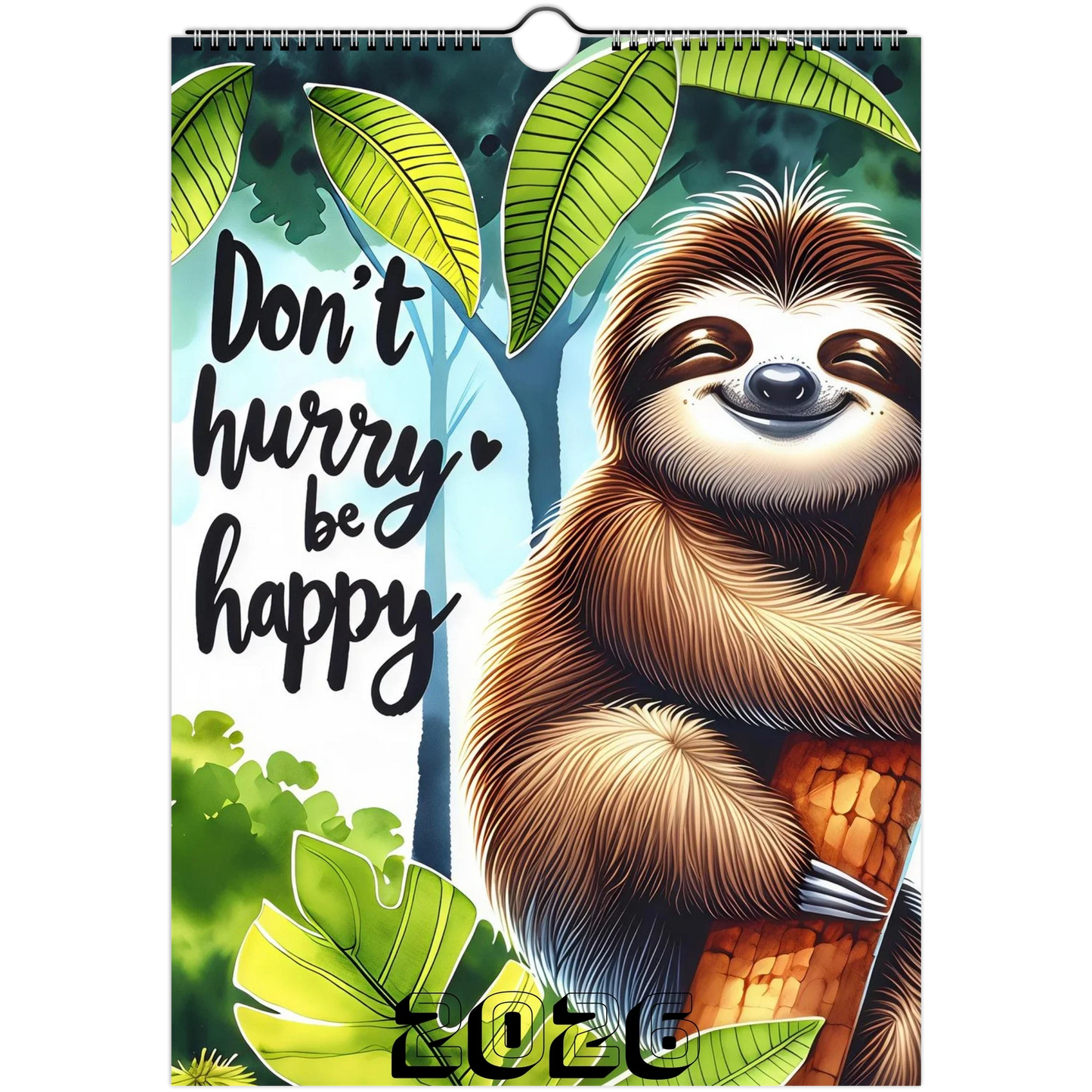 Adorable Sloth Wall Calendar 2026 with cheerful sloth hugging a tree and "Don't hurry be happy" text