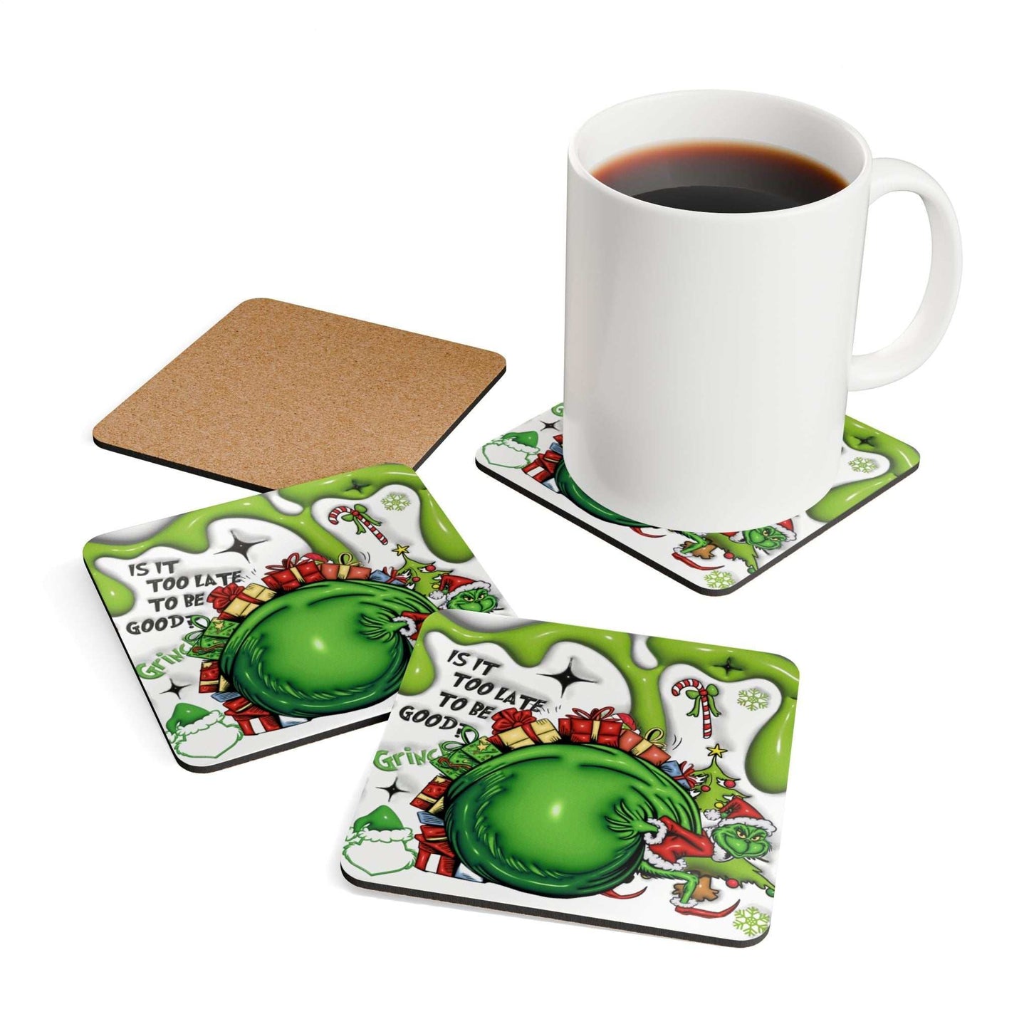 Fun Grinch Christmas coaster set featuring Grinch design, cork back, and mug with coffee.