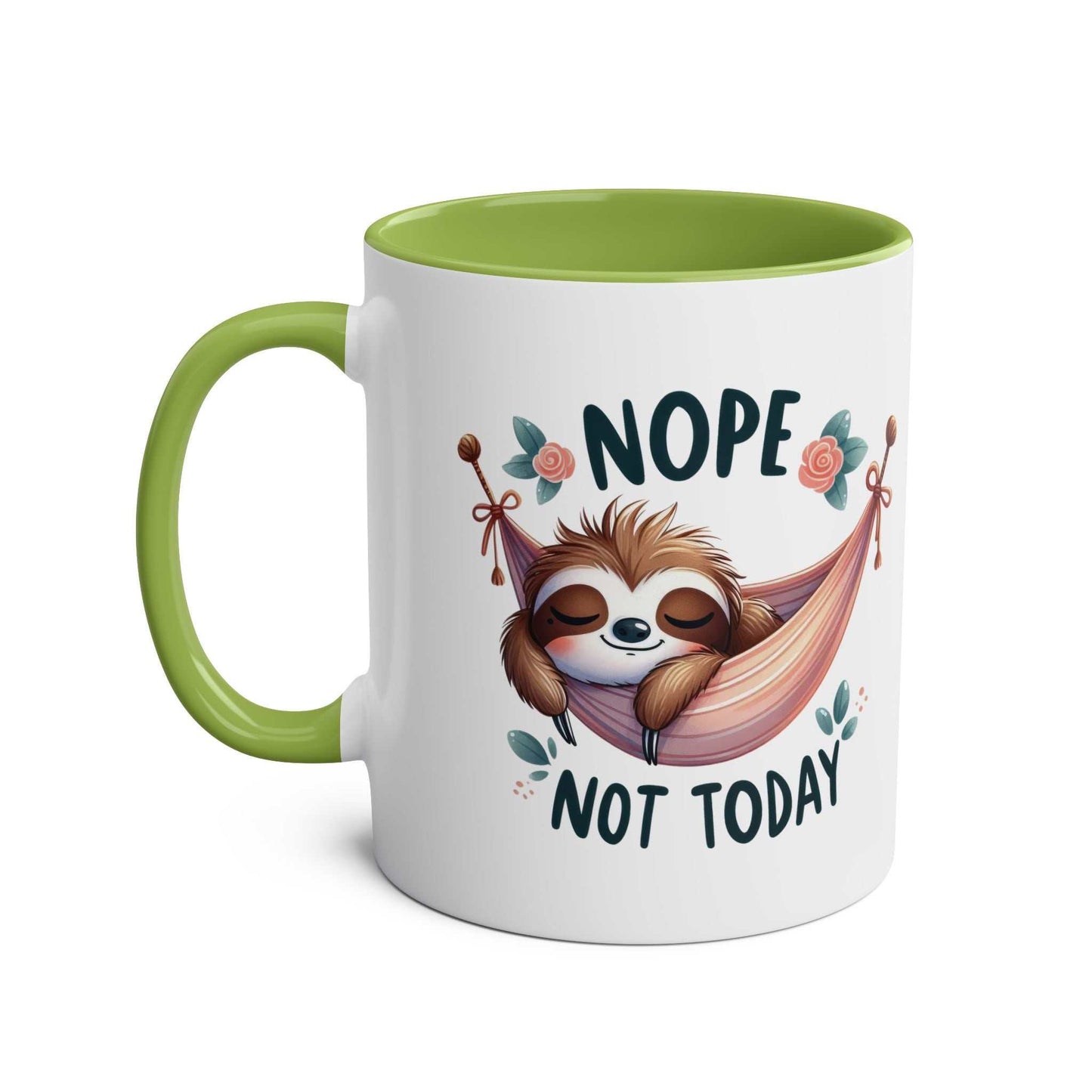 Cute sloth coffee mug with "Nope Not Today" design on a green handle ceramic cup.