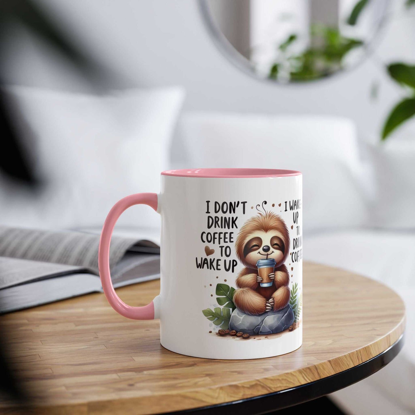 Cute sloth coffee mug with whimsical design, perfect for animal lovers; available in 7 colors, 11oz ceramic, microwave and dishwasher safe.