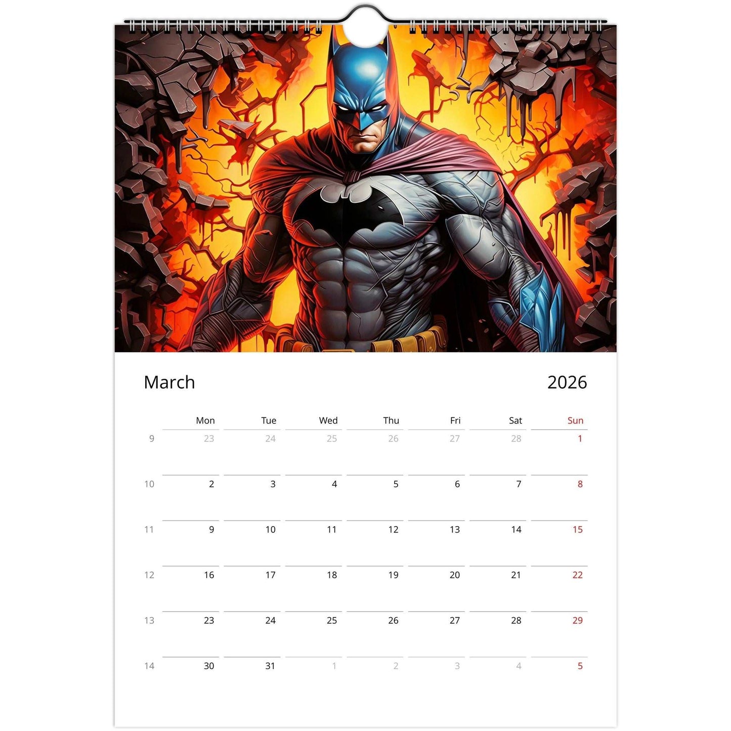 Superhero Calendar 2026 featuring bold comic-style Batman artwork and monthly date grid with notes section and spiral binding