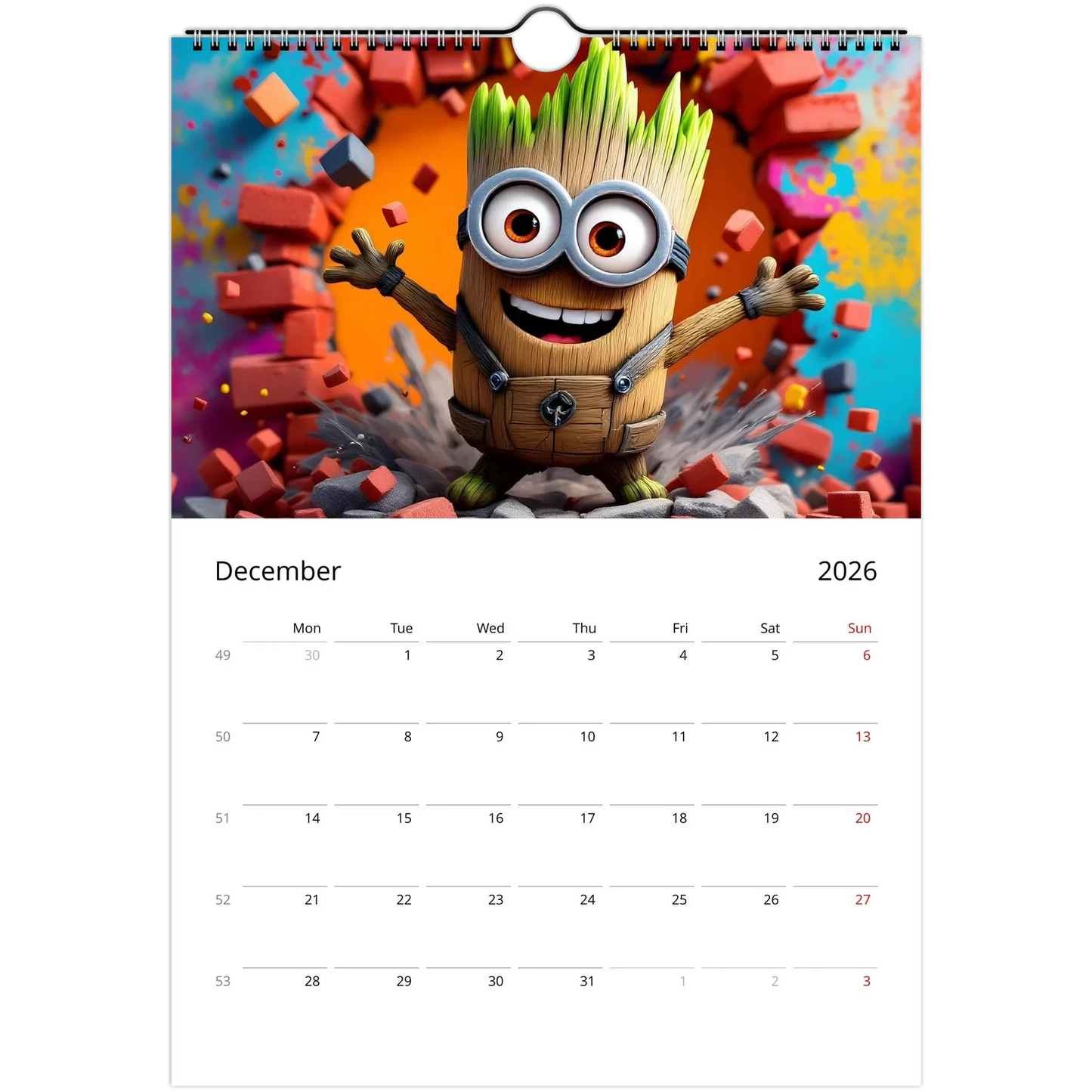 2026 Minions Superhero Wall Calendar with colorful superhero-themed Minions and large date squares