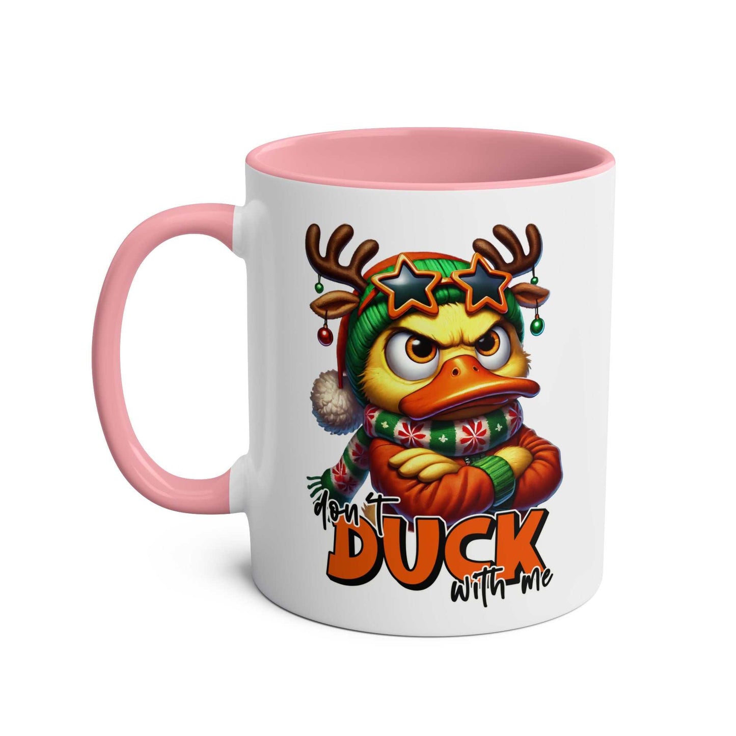 Sarky Christmas Mug with duck design, available in 7 colors, glossy 11oz ceramic, microwave and dishwasher safe.