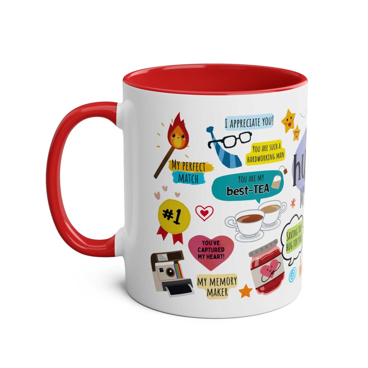 Husband Father’s Day gift mug with fun designs, red handle, and interior, perfect for dads.