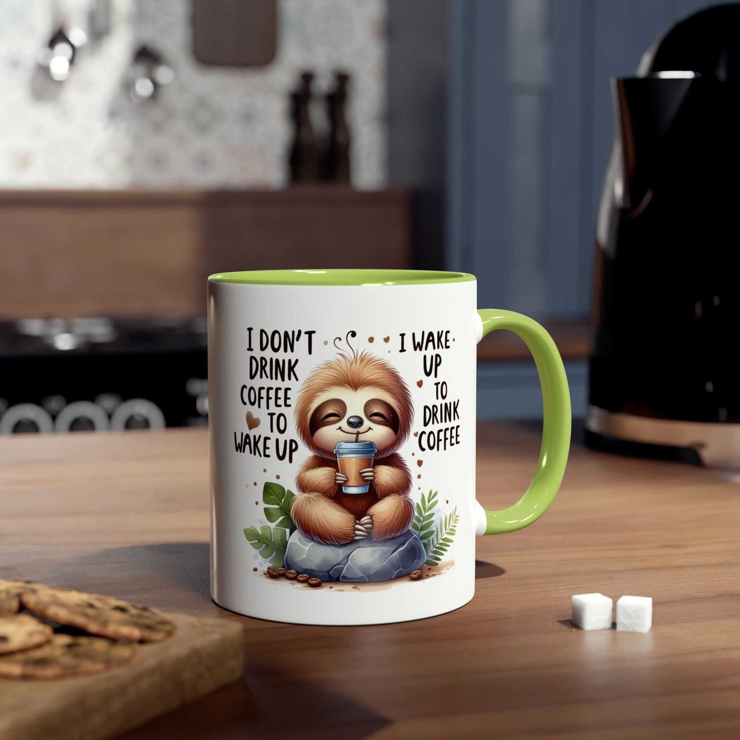 Cute sloth coffee mug with whimsical design and vibrant colors in a kitchen setting.