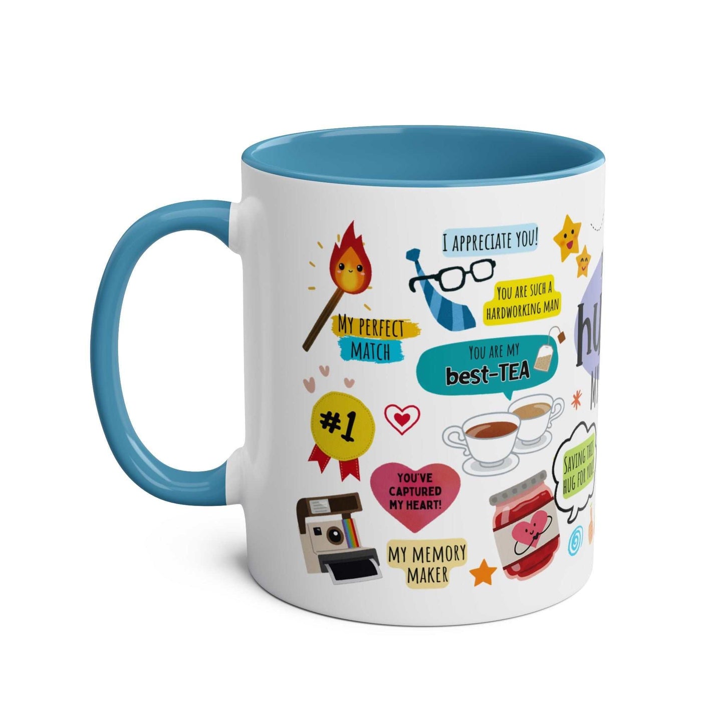 Husband Father's Day gift mug with colorful graphics and text, showcasing playful and sentimental messages, perfect for dads; 11oz ceramic mug with blue interior.