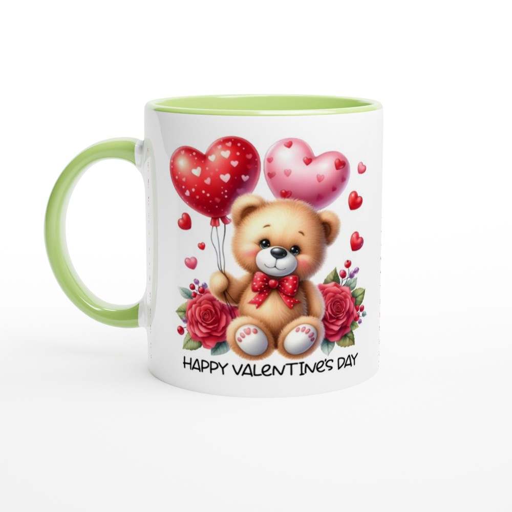 Cute Valentines Day Mug with teddy bear design and heart balloons, ceramic coffee cup, perfect romantic gift.